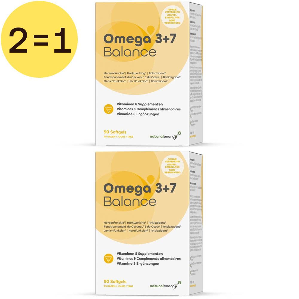 Deux boîtes de Omega 3+7 Balance. Inscription: Vitamines & Compléments alimentaires. 90 gélules. Fabricant: naturalenergy. Fond jaune.