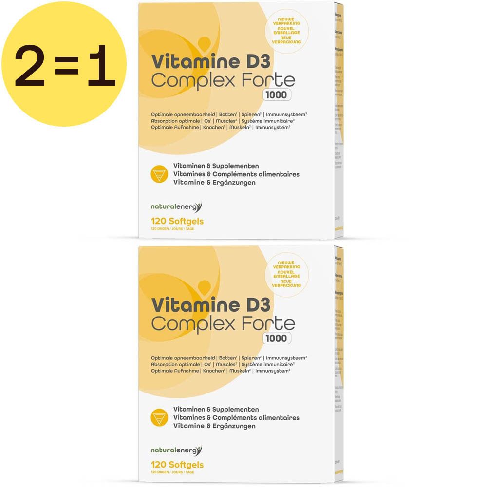 Deux boîtes de Vitamine D3 Complex Forte 1000. Inscription: 120 gélules. Symbole jaune 2=1.