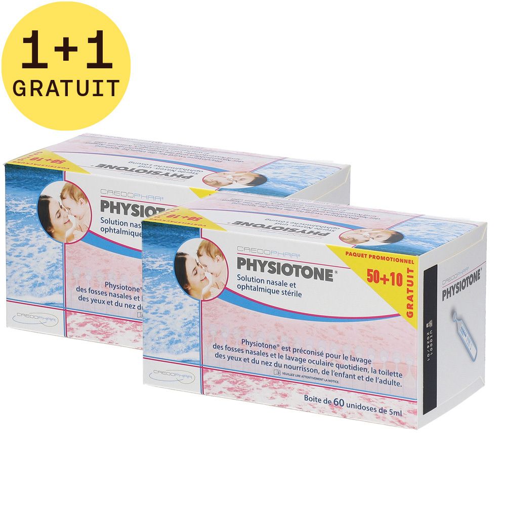 Deux boîtes de CREDOPHAR Physiotone®. Inscription: Physiotone® solution nasale et ophtalmique stérile. Offre promotionnelle.