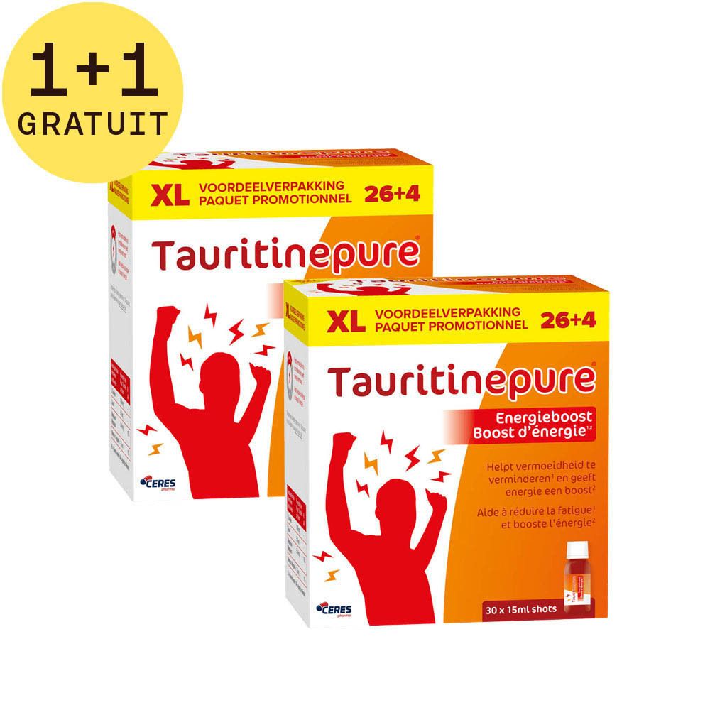 Deux boîtes de TAURITINE PLUS®. Inscription: Boost d'énergie. 1+1 gratuit. Emballage rouge avec illustration d'une personne avec éclairs.