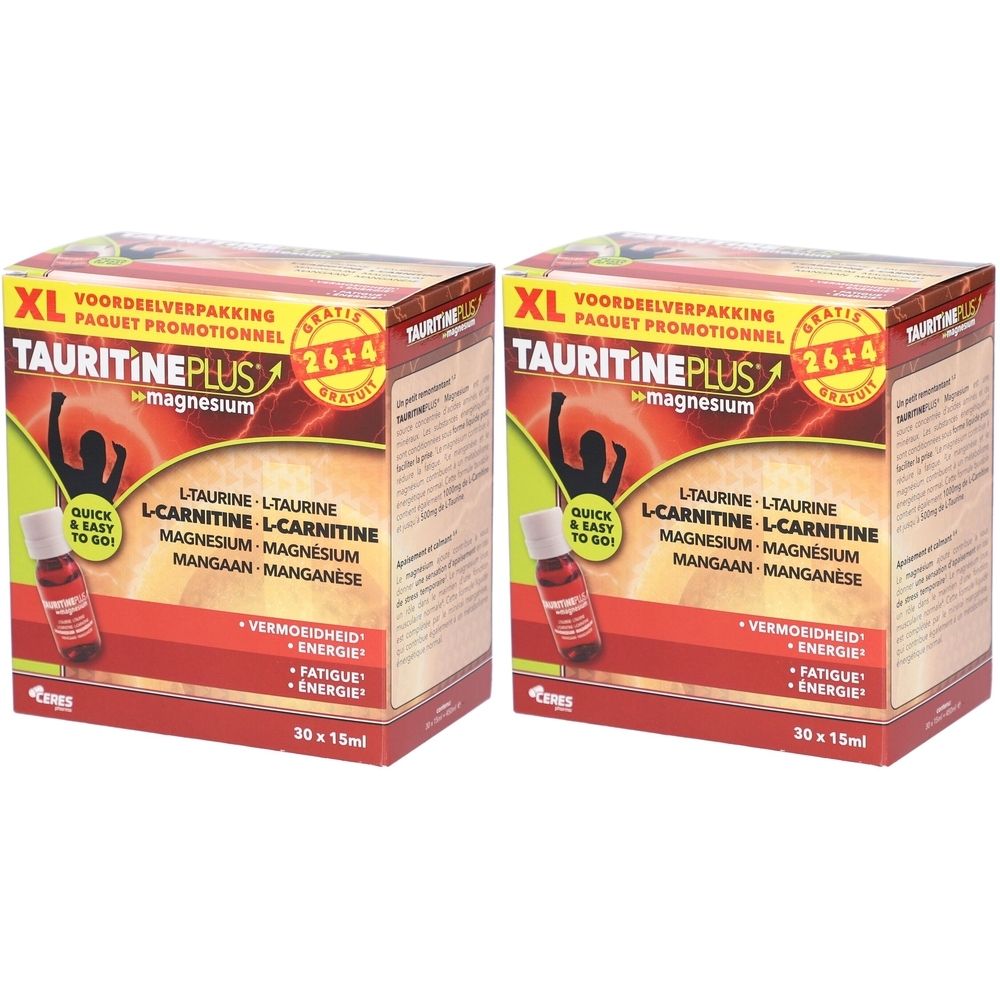 Deux boîtes de TAURITINE PLUS® Magnesium. Inscription: L-Taurine, L-Carnitine, Magnésium, Manganèse. 26+4 gratuit. Emballage rouge et blanc.