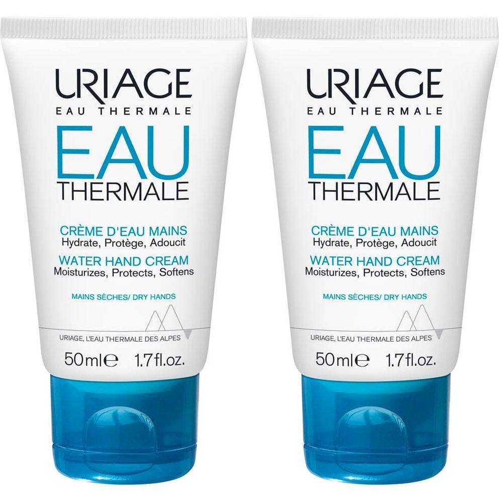 Deux tubes de crème pour les mains. Blancs, avec bouchon bleu. Inscription: URIAGE EAU THERMALE, WATER HAND CREAM.