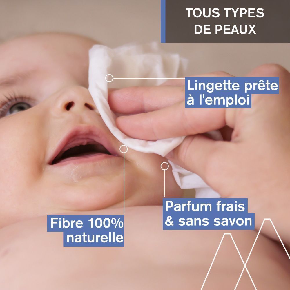 Lingettes bébé en fibre 100% naturelle, parfum frais et sans savon.