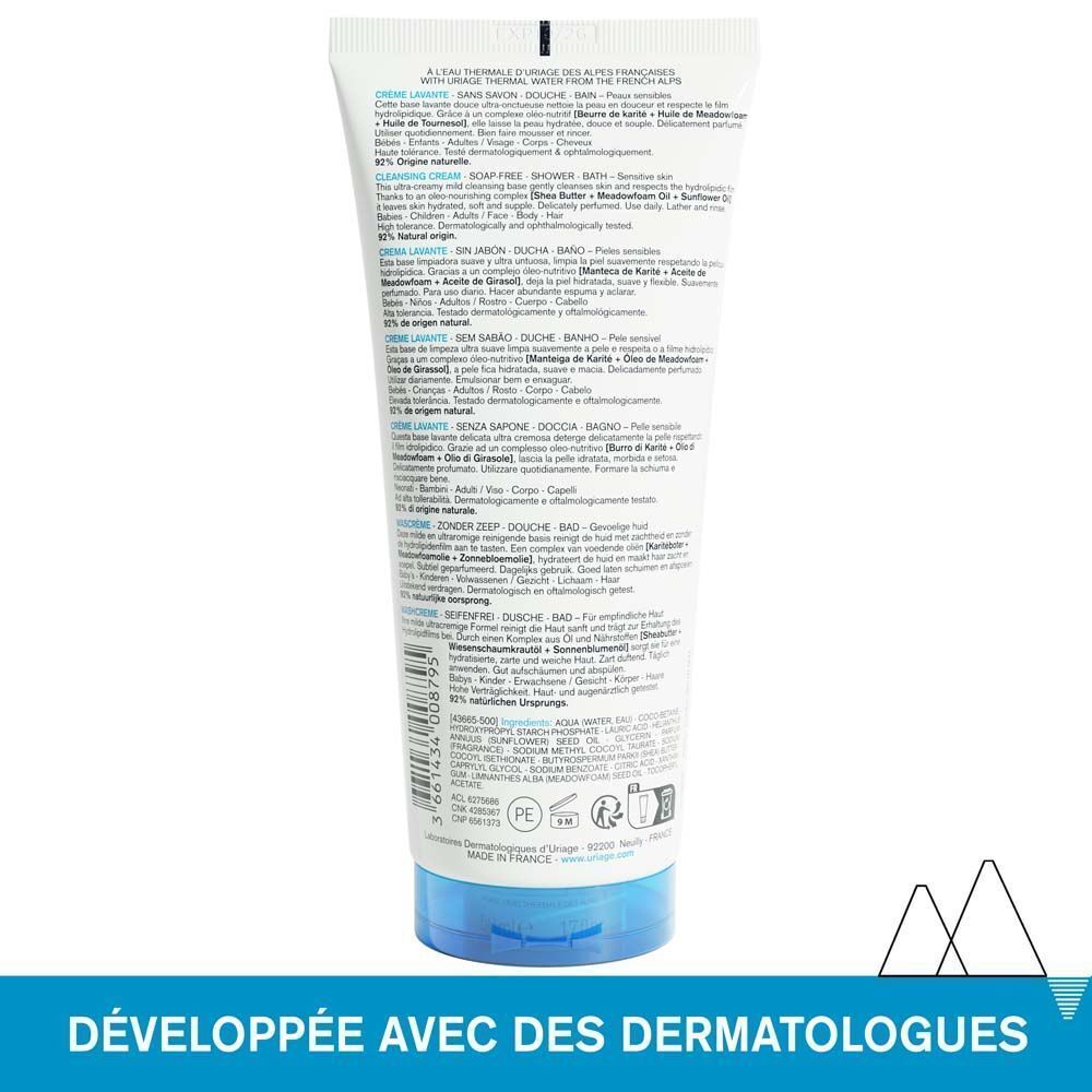 Tube de Crème Lavante Uriage, blanc, avec bouchon bleu. Texte: Crème Lavante, 92% origine naturelle, Uriage Eau Thermale. Sur fond blanc.