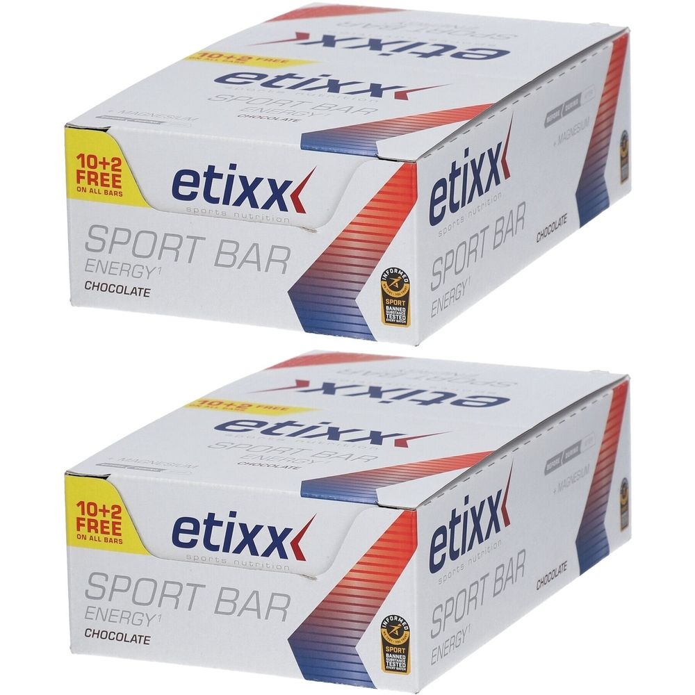 Deux boîtes de barres énergétiques. Inscription: etixx SPORT BAR ENERGY CHOCOLATE. Avec logo et label de qualité.