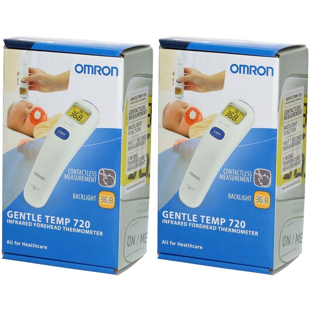 Deux boîtes de l'Omron Gentle Temp 720. Emballage bleu avec image du thermomètre. Mesure sans contact, thermomètre frontal infrarouge.