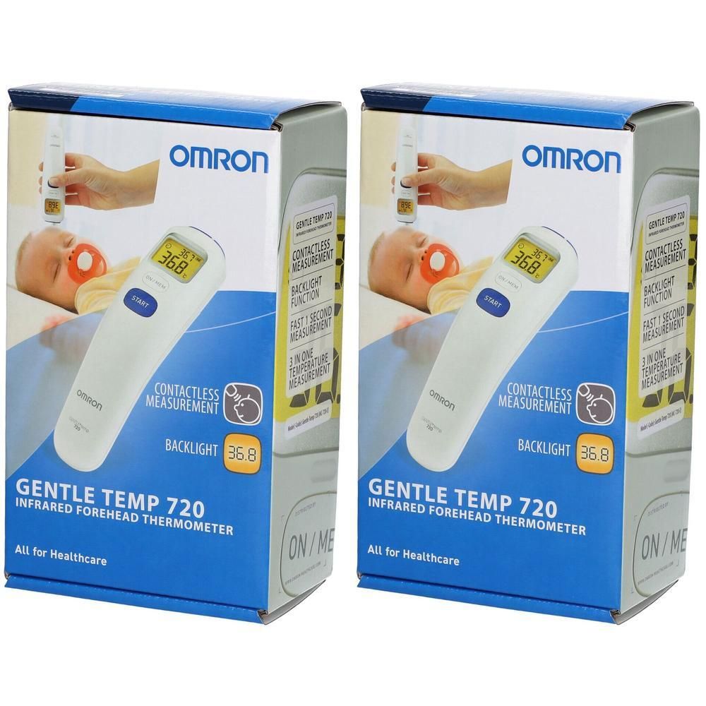 Deux boîtes de l'Omron Gentle Temp 720. Emballage bleu avec image du thermomètre. Mesure sans contact, thermomètre frontal infrarouge.