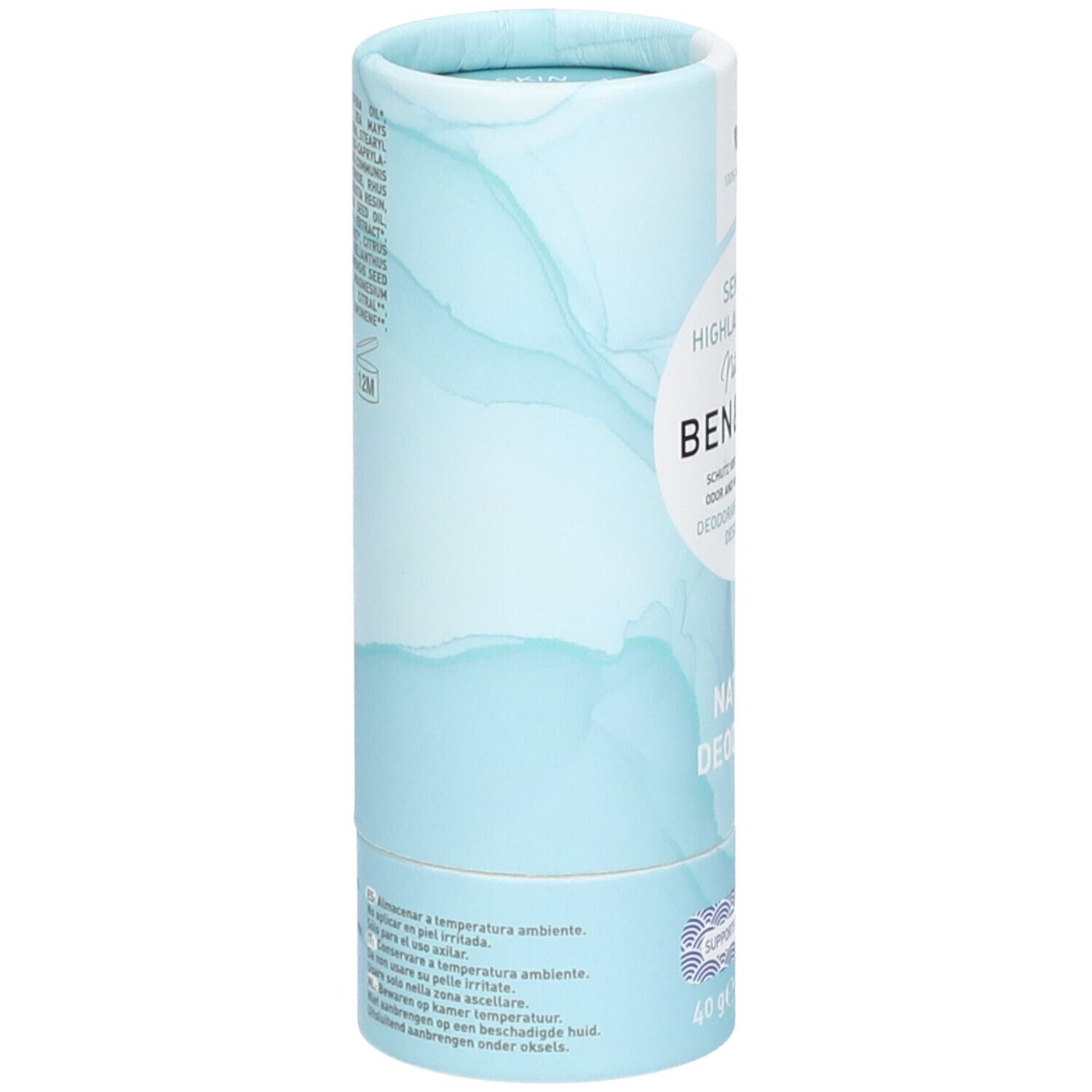 Emballage cylindrique bleu. Texte: Sensitive Highland Breeze, Ben & Anna, Natural Deodorant. Vegan. Texte au dos.