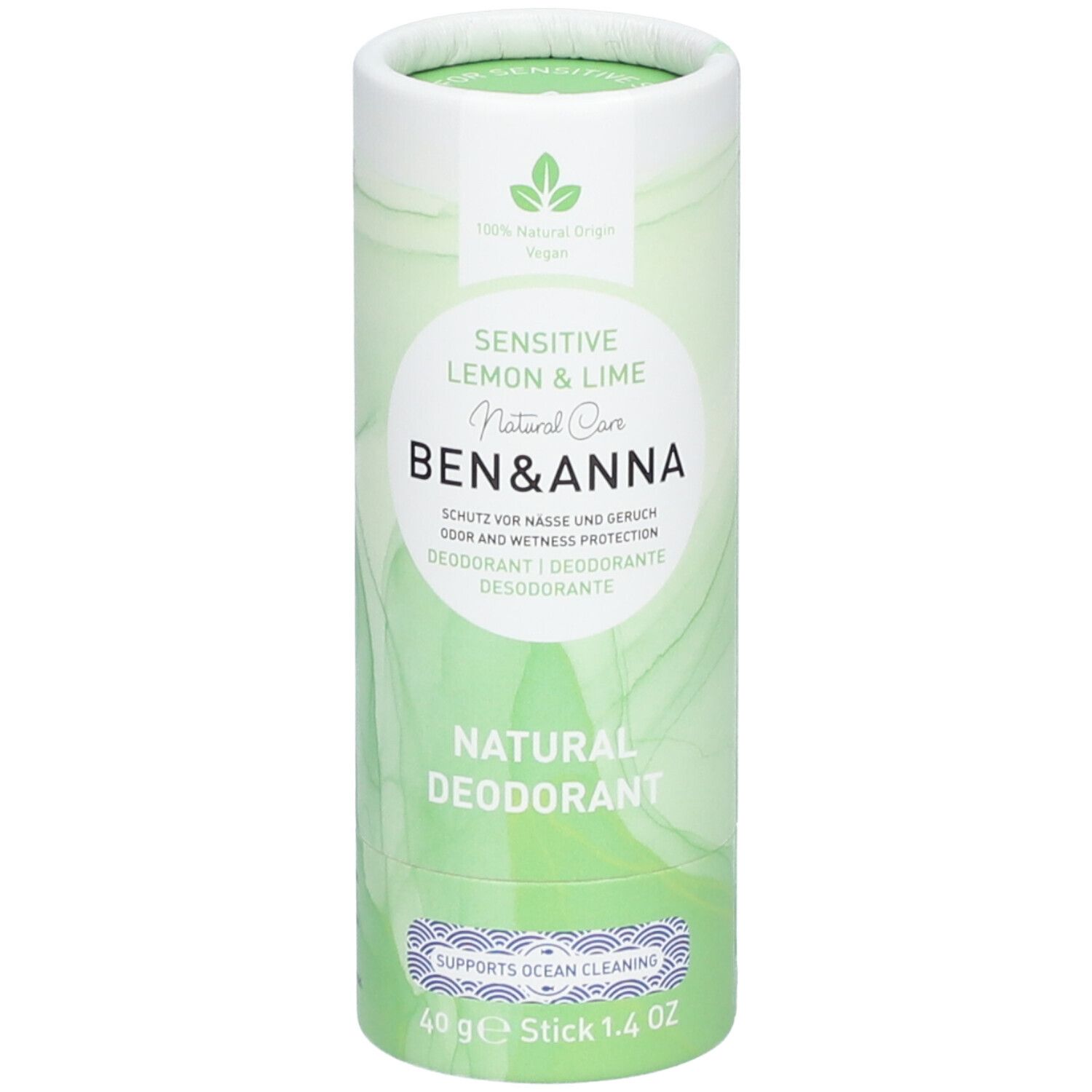 Emballage cylindrique. Inscription : Sensitive Lemon & Lime, Natural Care, Ben & Anna, Natural Deodorant. Stick de 40 g.