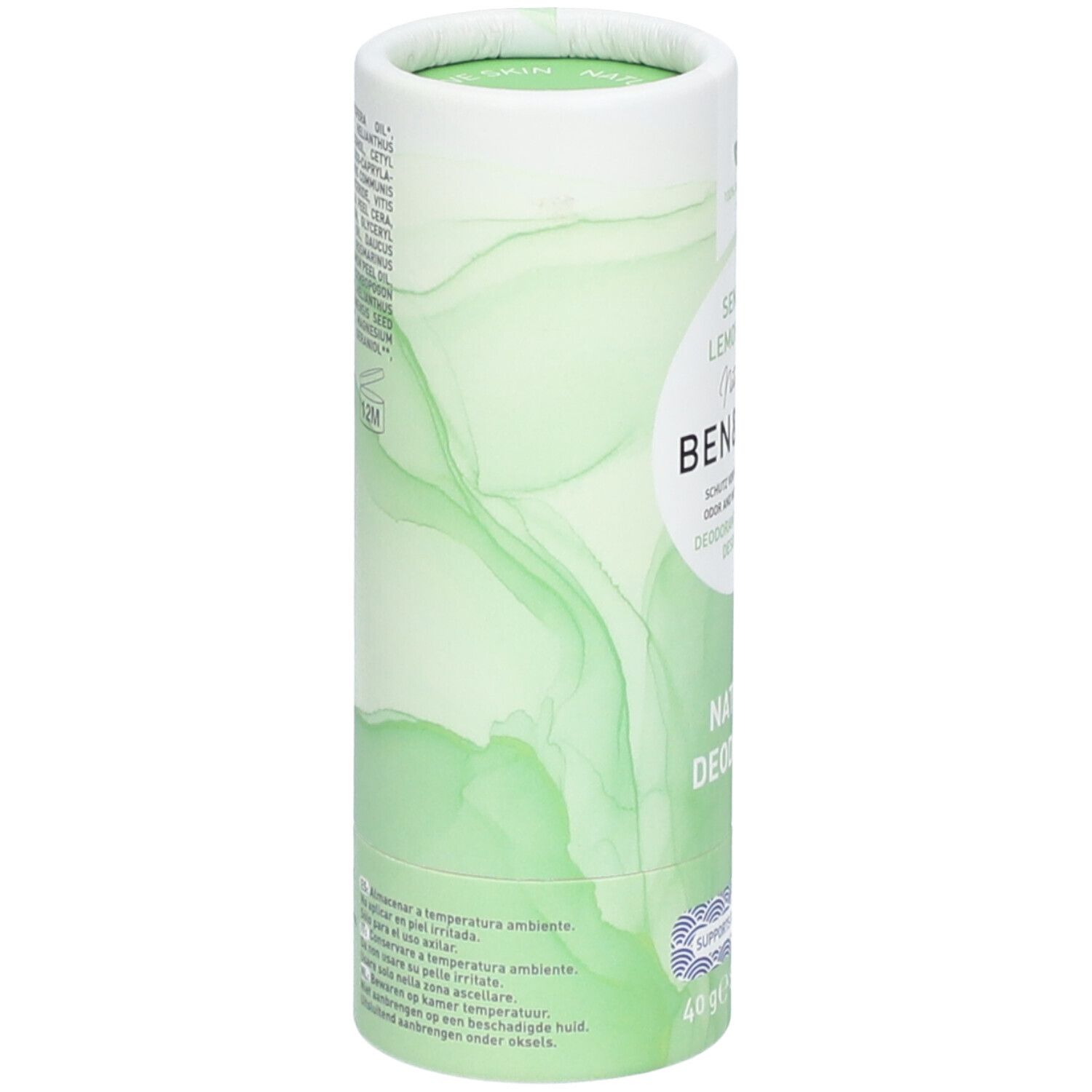 Emballage cylindrique. Dégradés verts. Texte : ingrédients, Vegan, logo PETA, 12M. Dos avec texte multilingue.