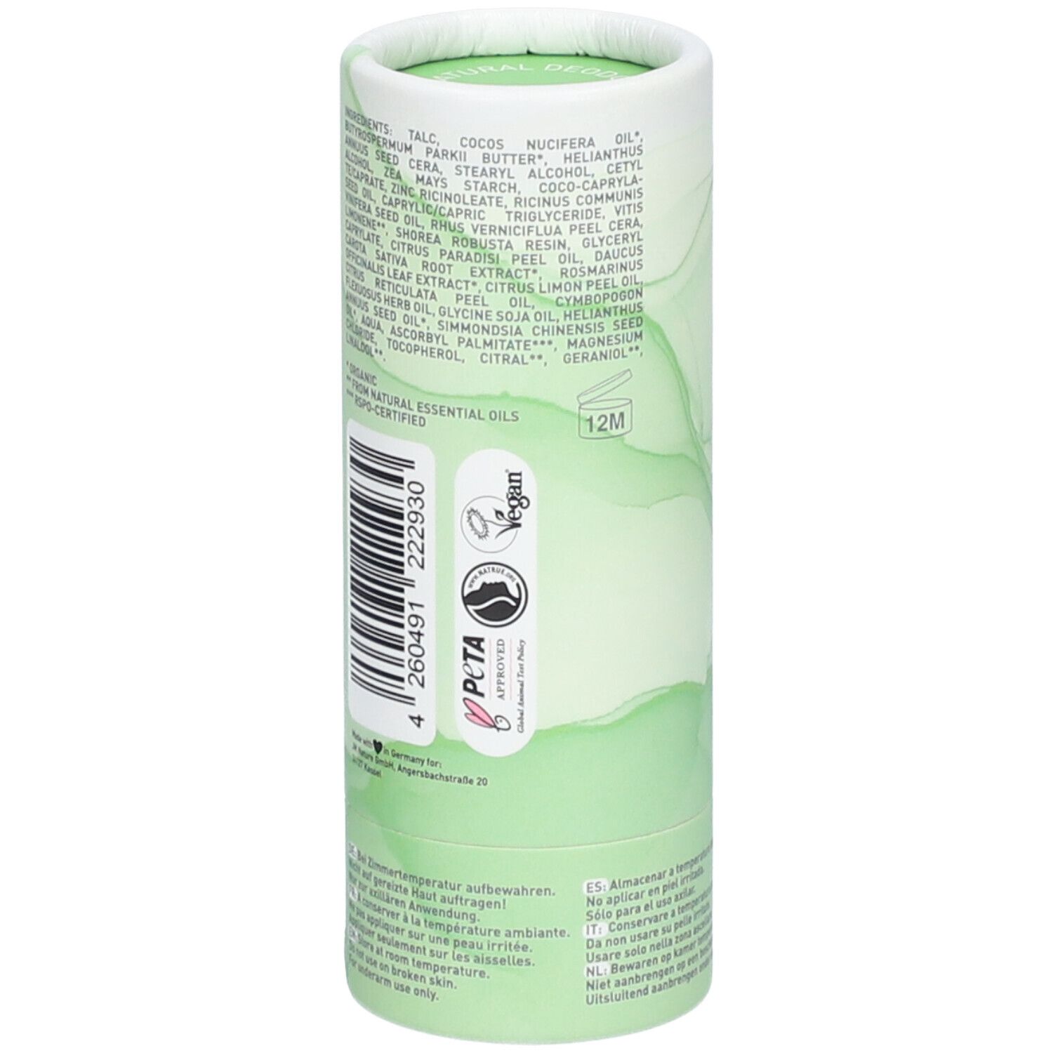 Emballage cylindrique. Dos avec ingrédients, logo Vegan, logo PETA, 12M. Code-barres. Texte multilingue.