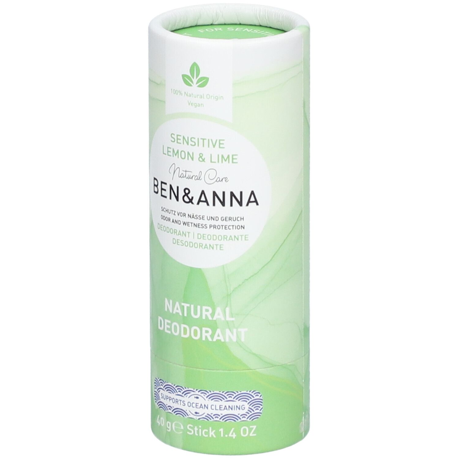 Emballage cylindrique. Inscription : Sensitive Lemon & Lime, Natural Care, Ben & Anna, Natural Deodorant. Stick de 40 g.