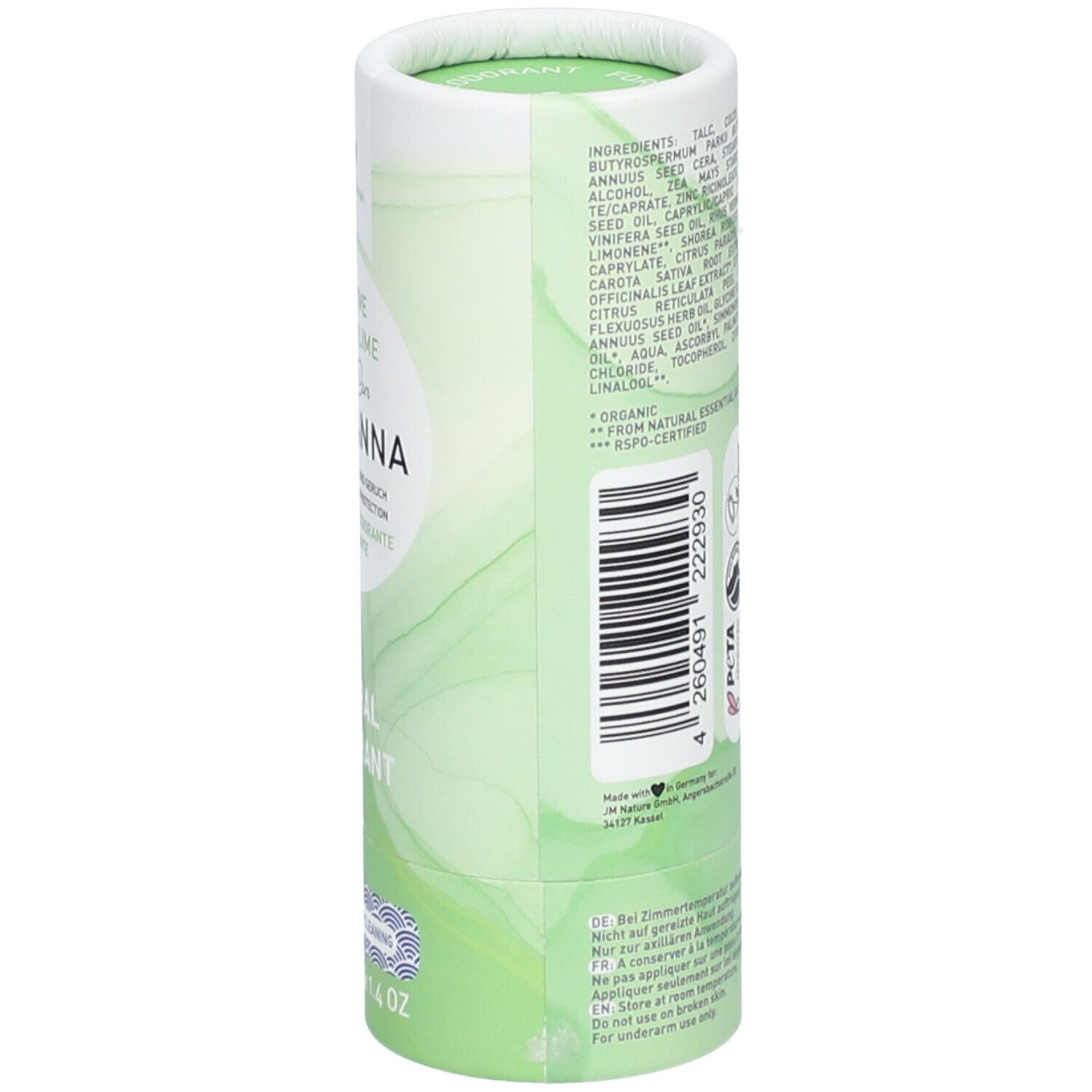 Emballage cylindrique. Dos avec ingrédients, logo Vegan, logo PETA, 12M. Code-barres. Texte multilingue.