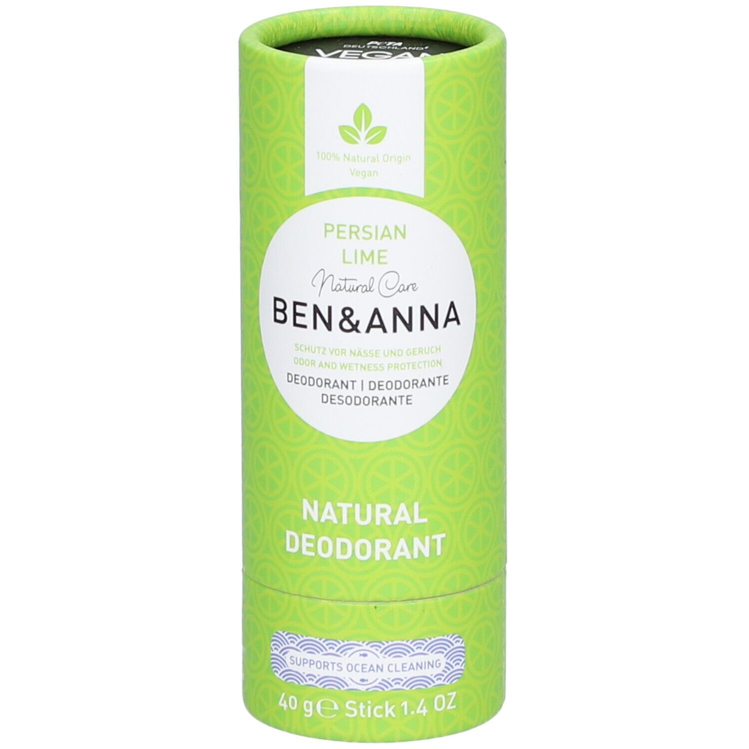 Emballage cylindrique vert avec texte. Inscription : Persian Lime, Natural Care, Ben & Anna, Natural Deodorant. Contient 40g.