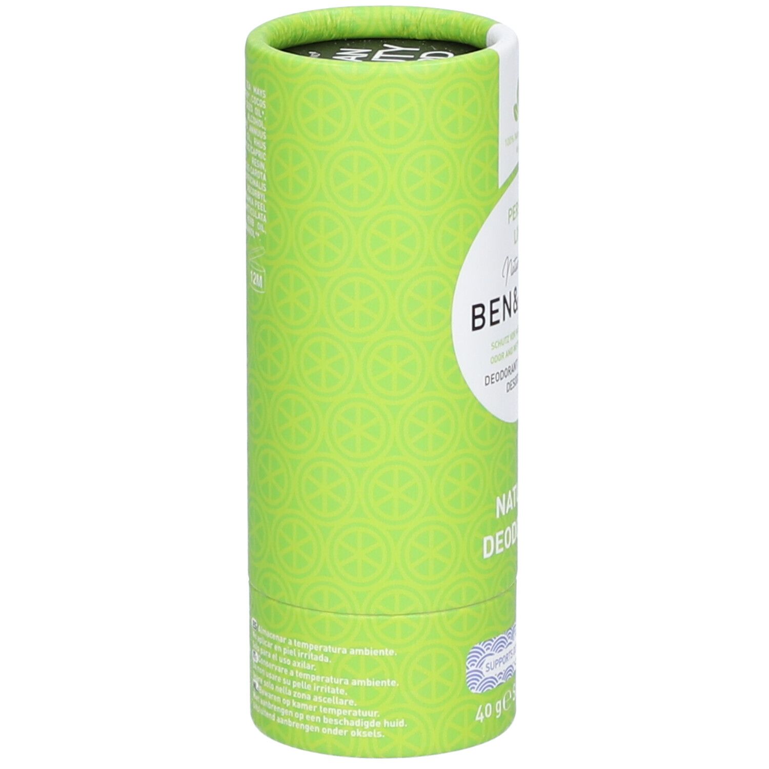 Emballage cylindrique vert avec texte. Inscription : Persian Lime, Natural Care, Ben & Anna, Natural Deodorant. Vue latérale.
