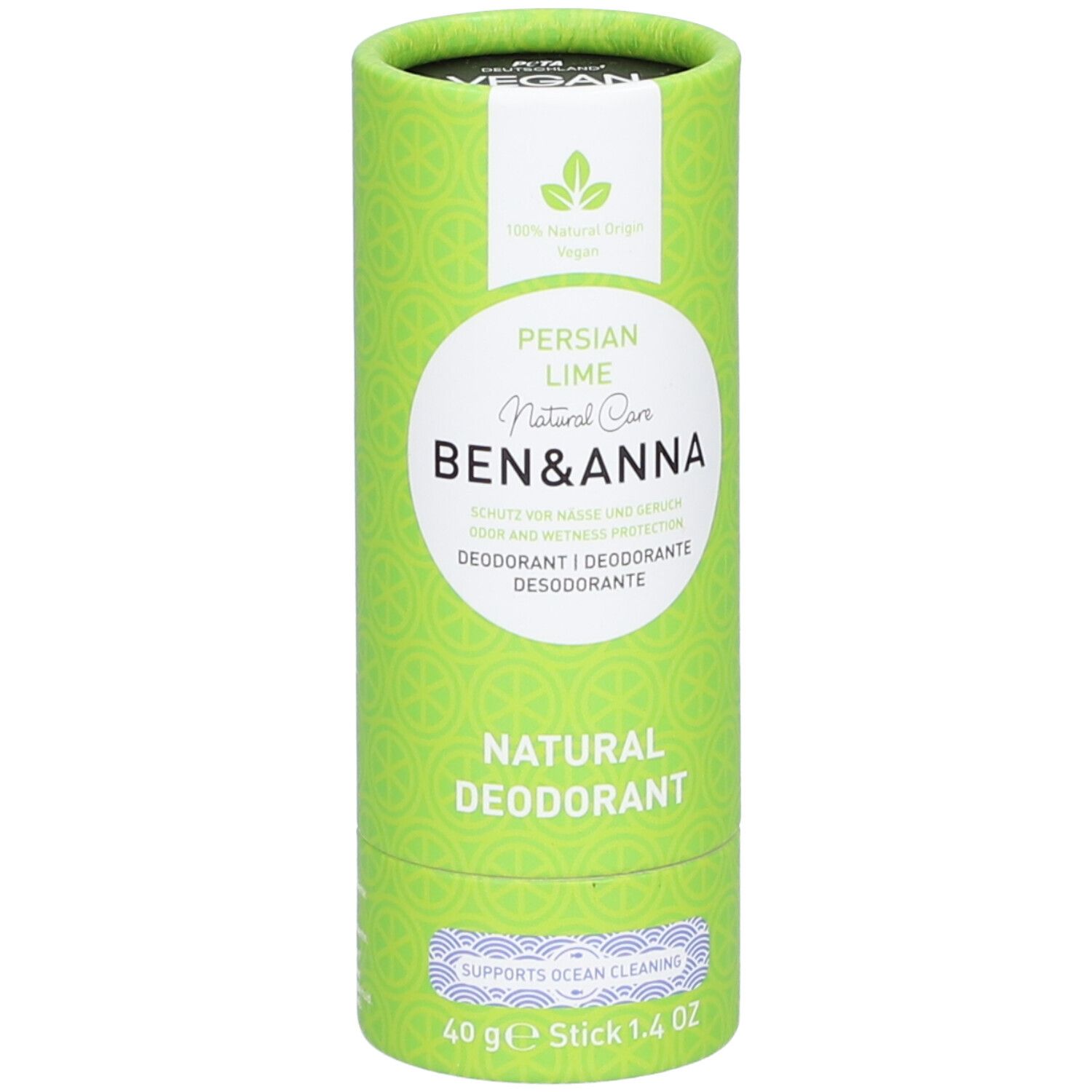 Emballage cylindrique vert avec texte. Inscription : Persian Lime, Natural Care, Ben & Anna, Natural Deodorant. Contient 40g.