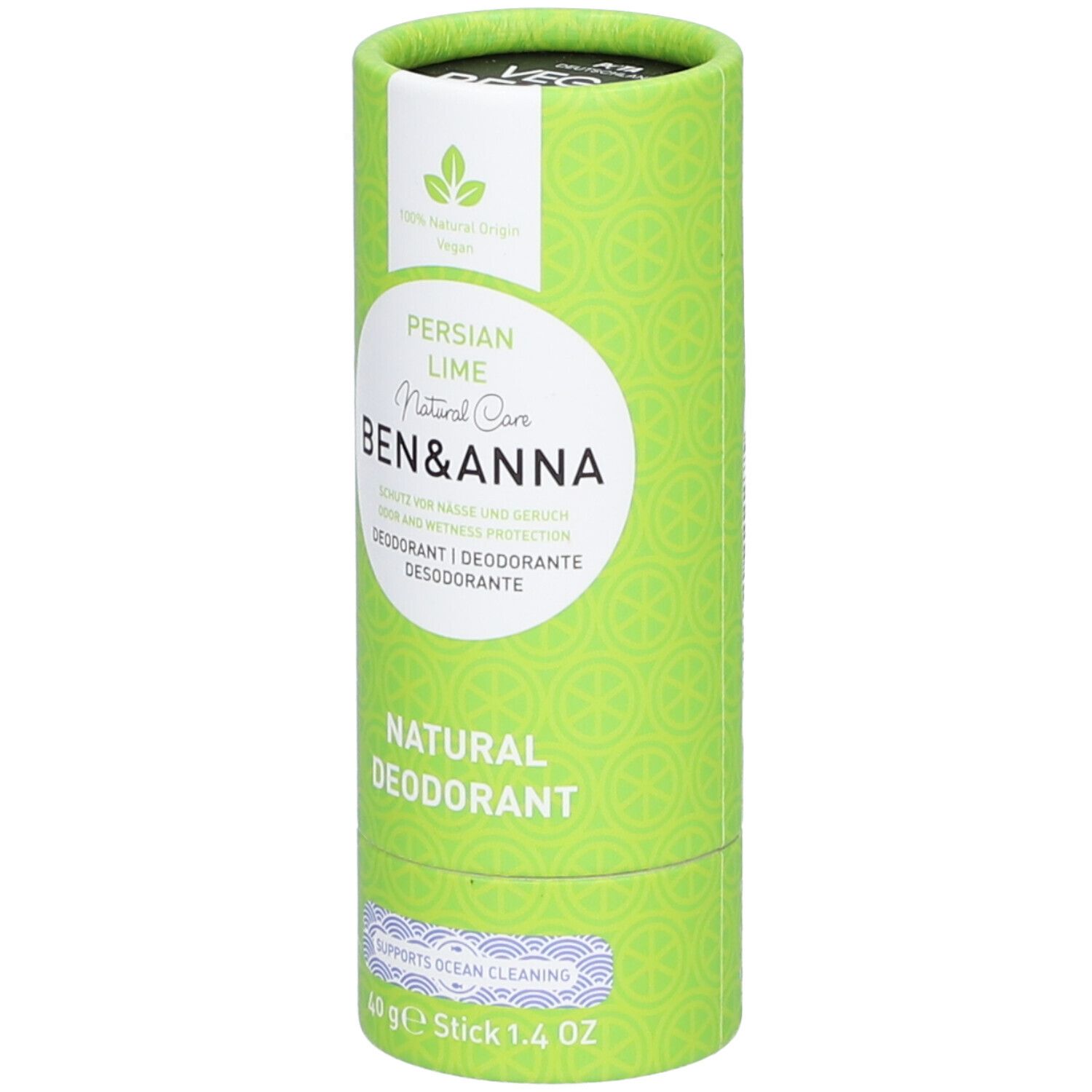 Emballage cylindrique vert avec texte. Inscription : Persian Lime, Natural Care, Ben & Anna, Natural Deodorant. Contient 40g.
