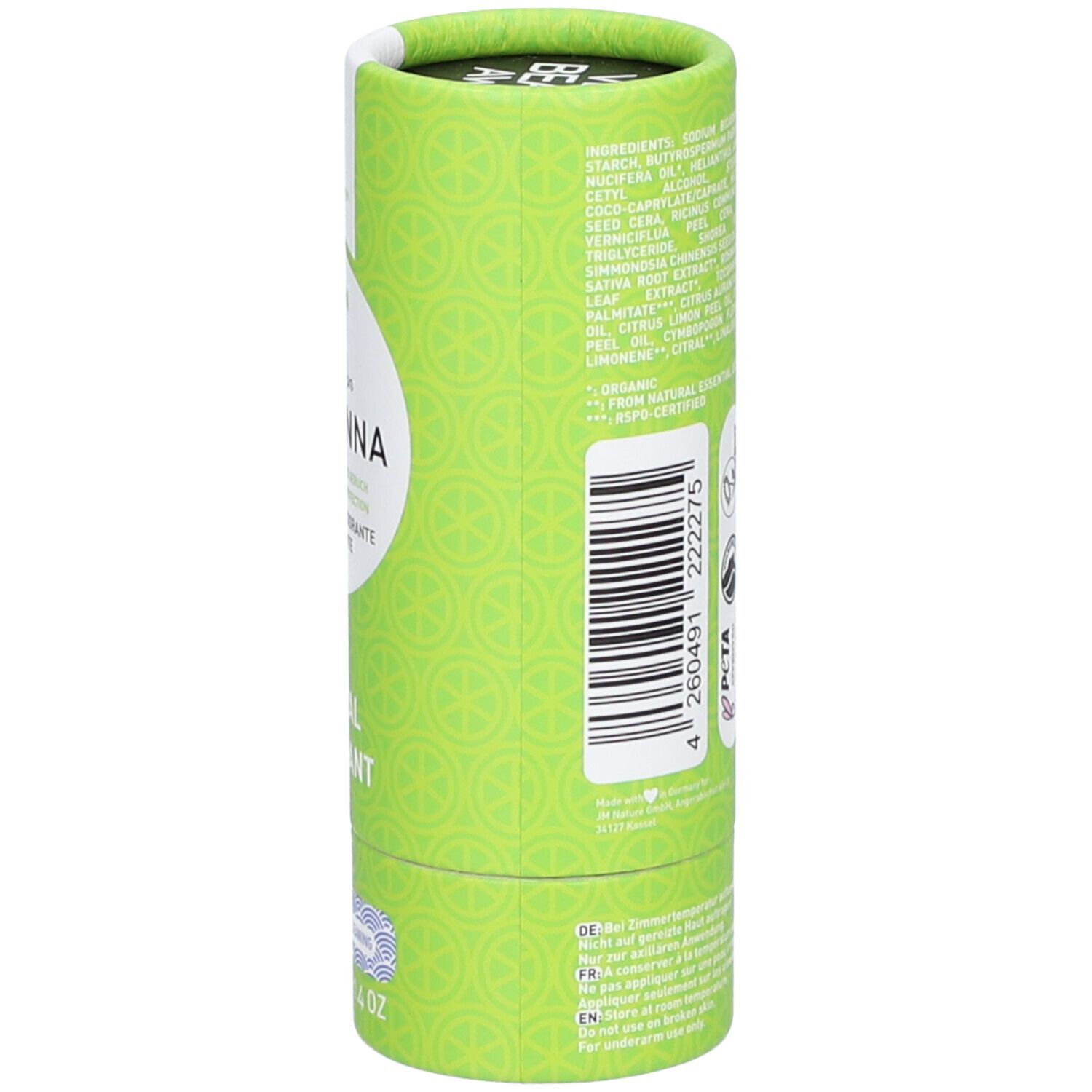 Emballage cylindrique vert avec texte. Inscription : Persian Lime, Natural Care, Ben & Anna, Natural Deodorant. Vue latérale.
