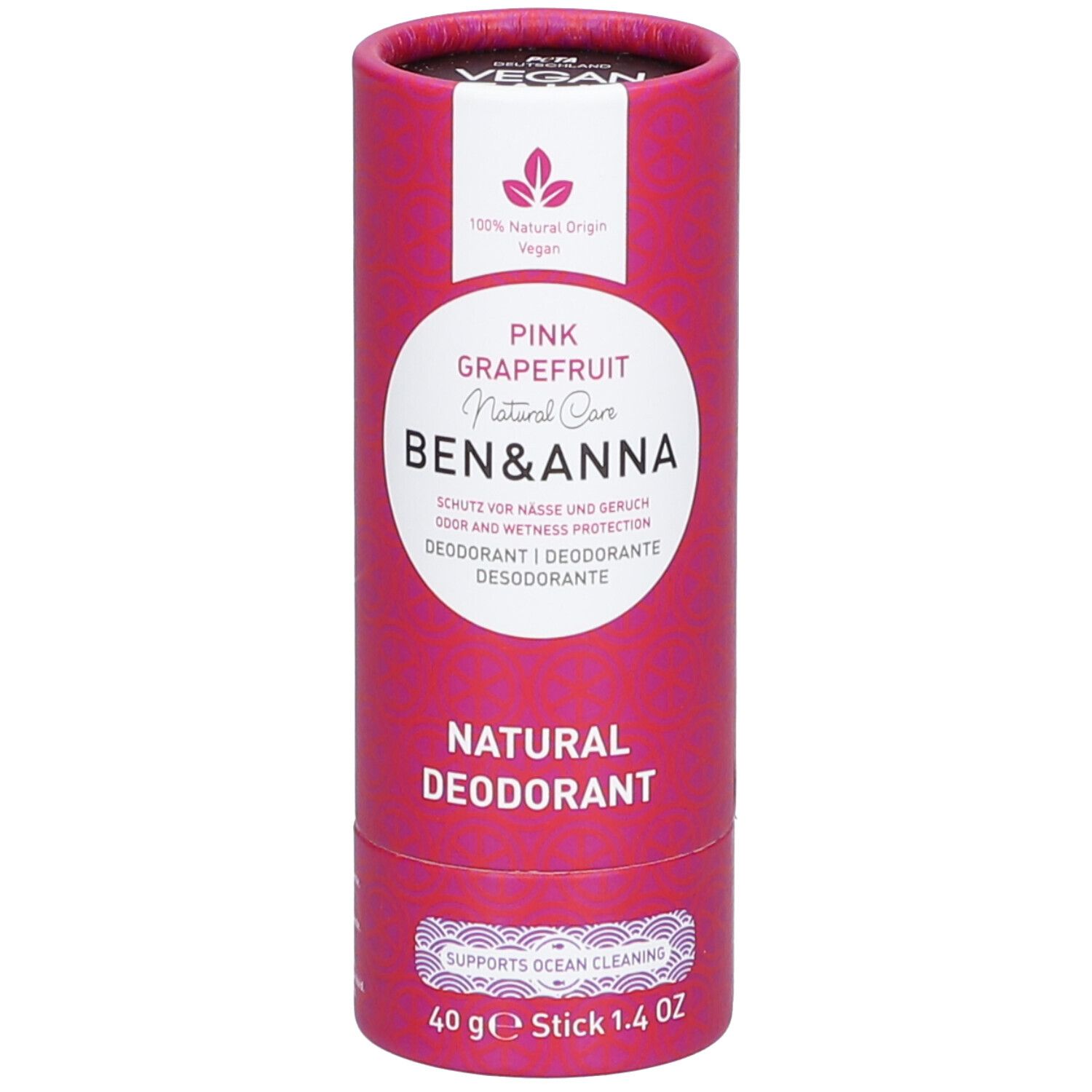 Emballage cylindrique rose. Inscription: Pink Grapefruit, Ben & Anna, Natural Deodorant. Label vegan. Stick 40g.