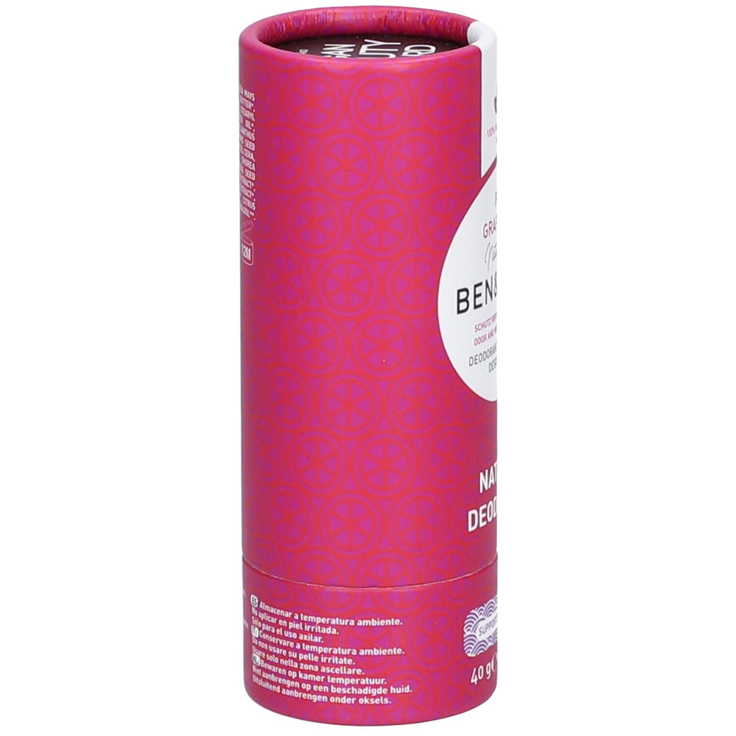 Emballage cylindrique rose. Inscription: Pink Grapefruit, Ben & Anna, Natural Deodorant. Label vegan. Stick 40g. Vue latérale.