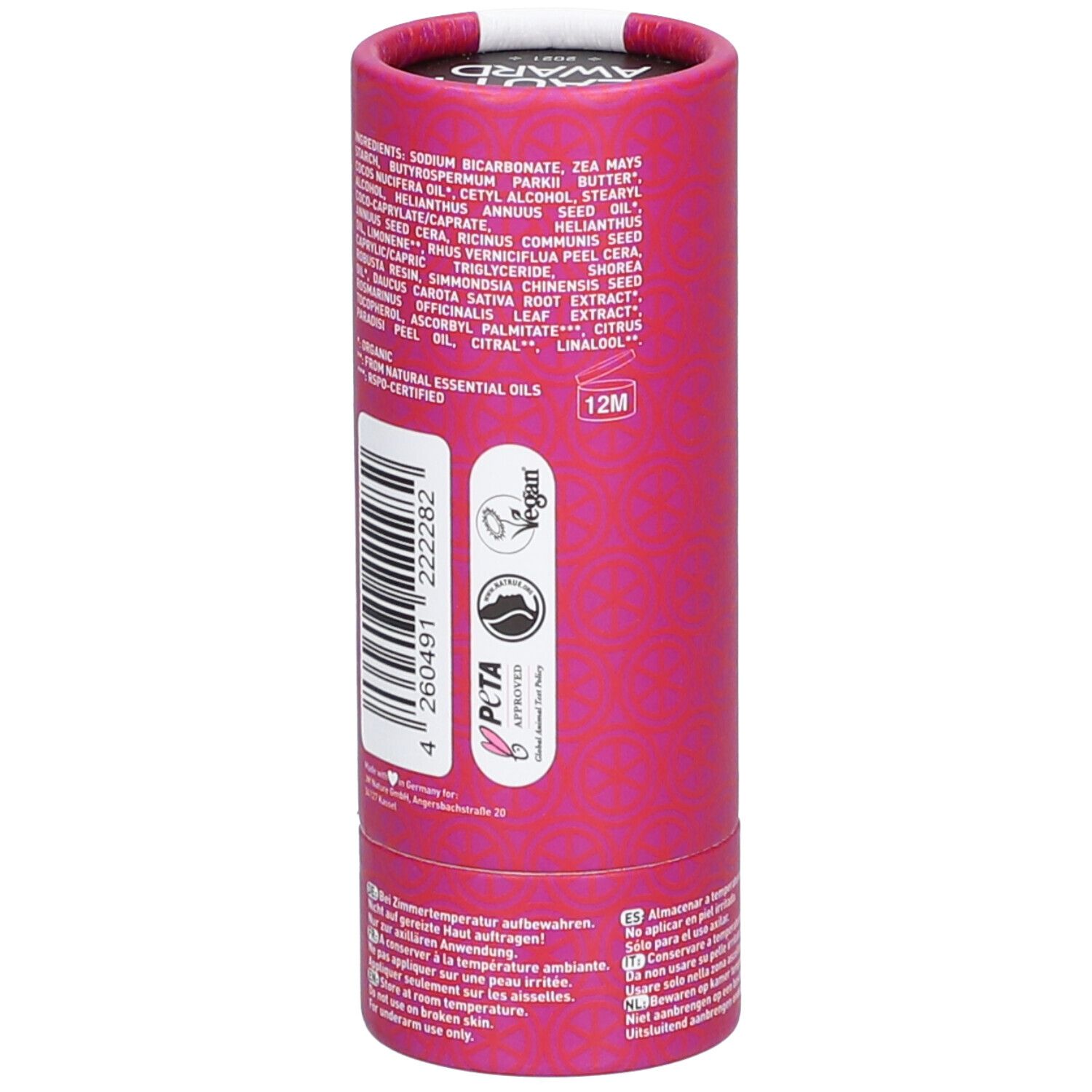 Emballage cylindrique rose. Inscriptions: ingrédients, label vegan, logo PETA. Label 12M. Code-barres. Vue arrière.