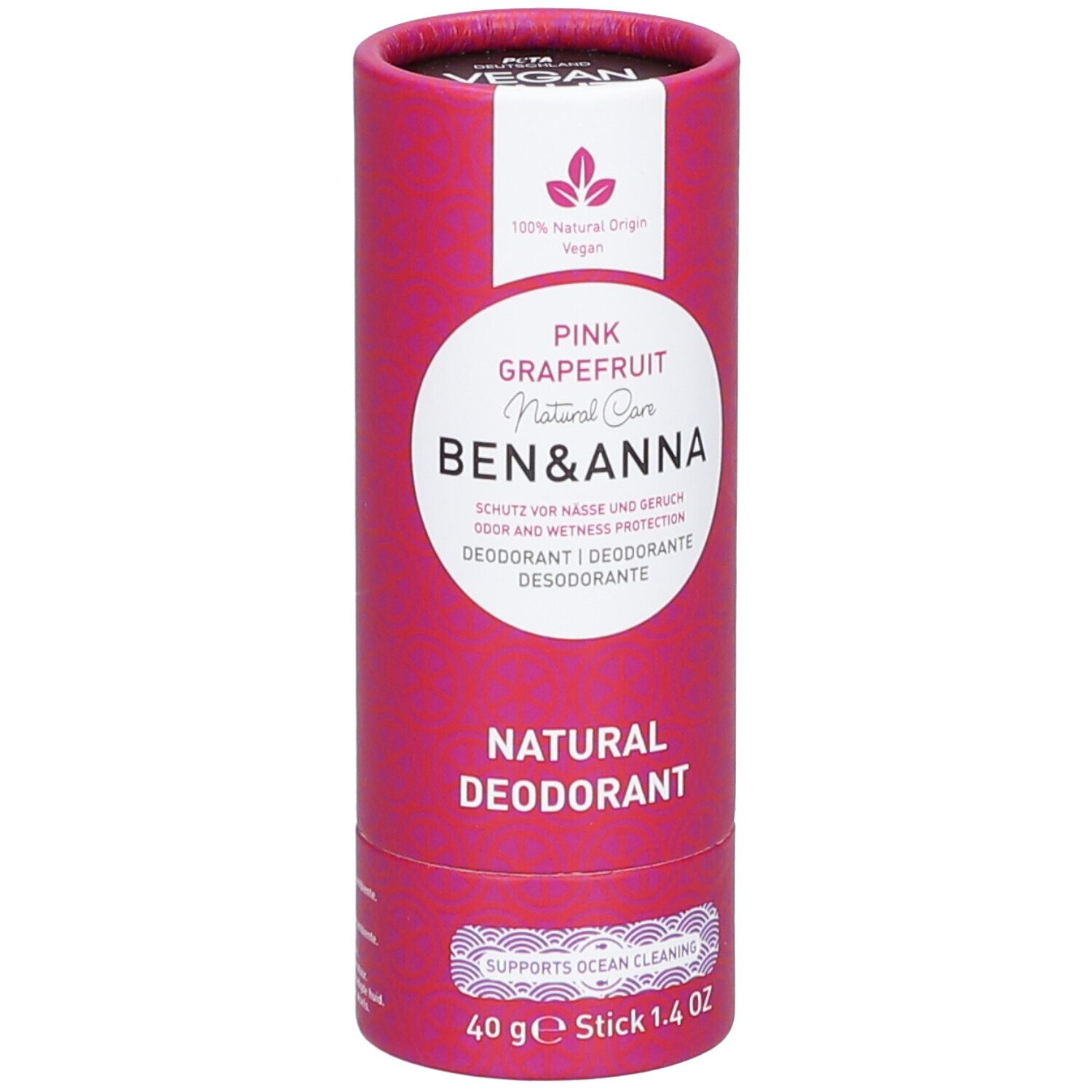 Emballage cylindrique rose. Inscription: Pink Grapefruit, Ben & Anna, Natural Deodorant. Label vegan. Stick 40g.