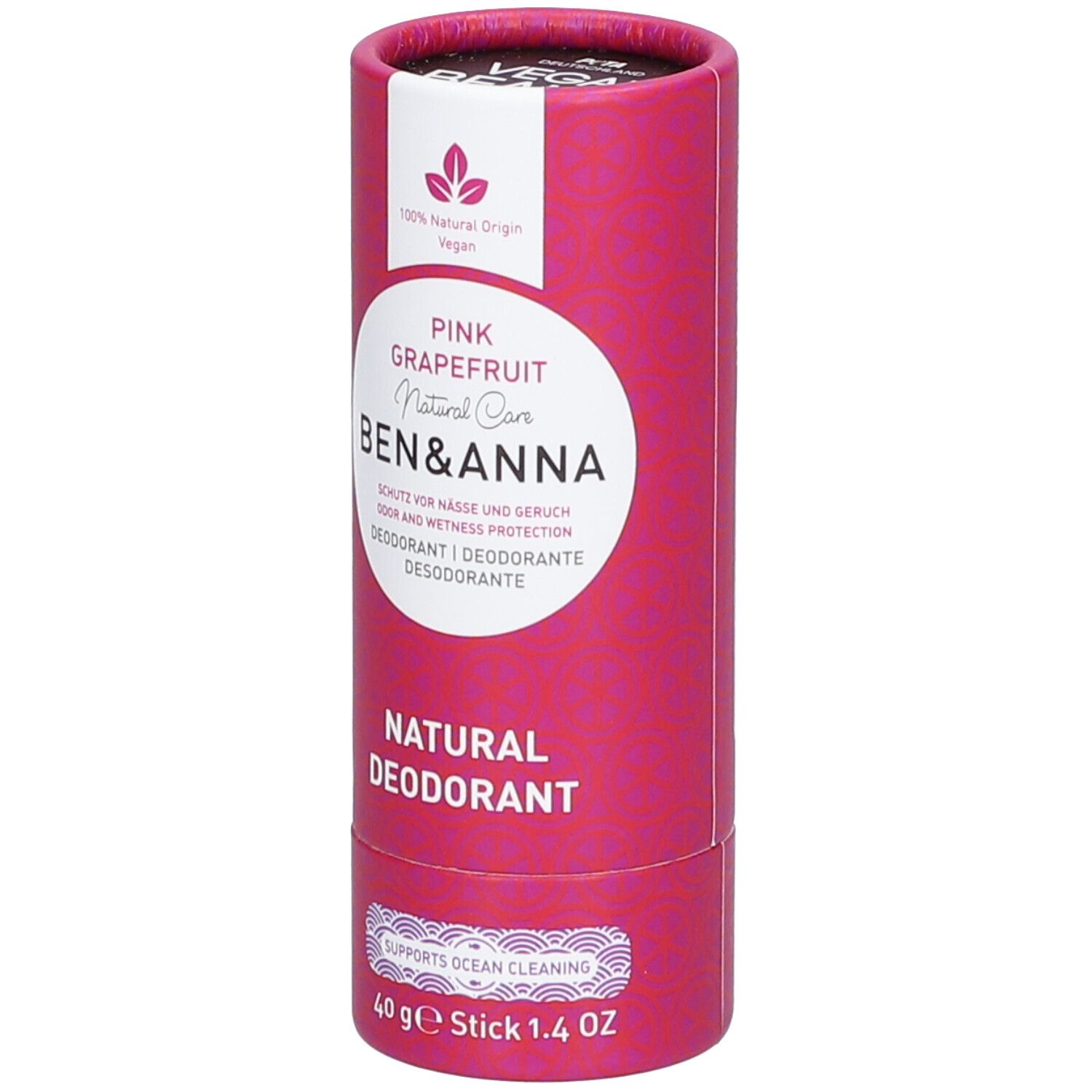 Emballage cylindrique rose. Inscription: Pink Grapefruit, Ben & Anna, Natural Deodorant. Label vegan. Stick 40g.