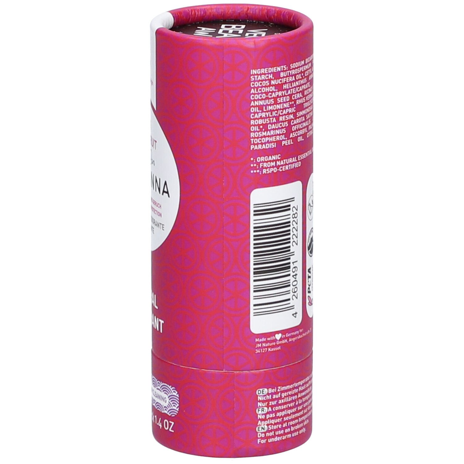 Emballage cylindrique rose. Inscription: Pink Grapefruit, Ben & Anna, Natural Deodorant. Label vegan. Stick 40g. Vue latérale.