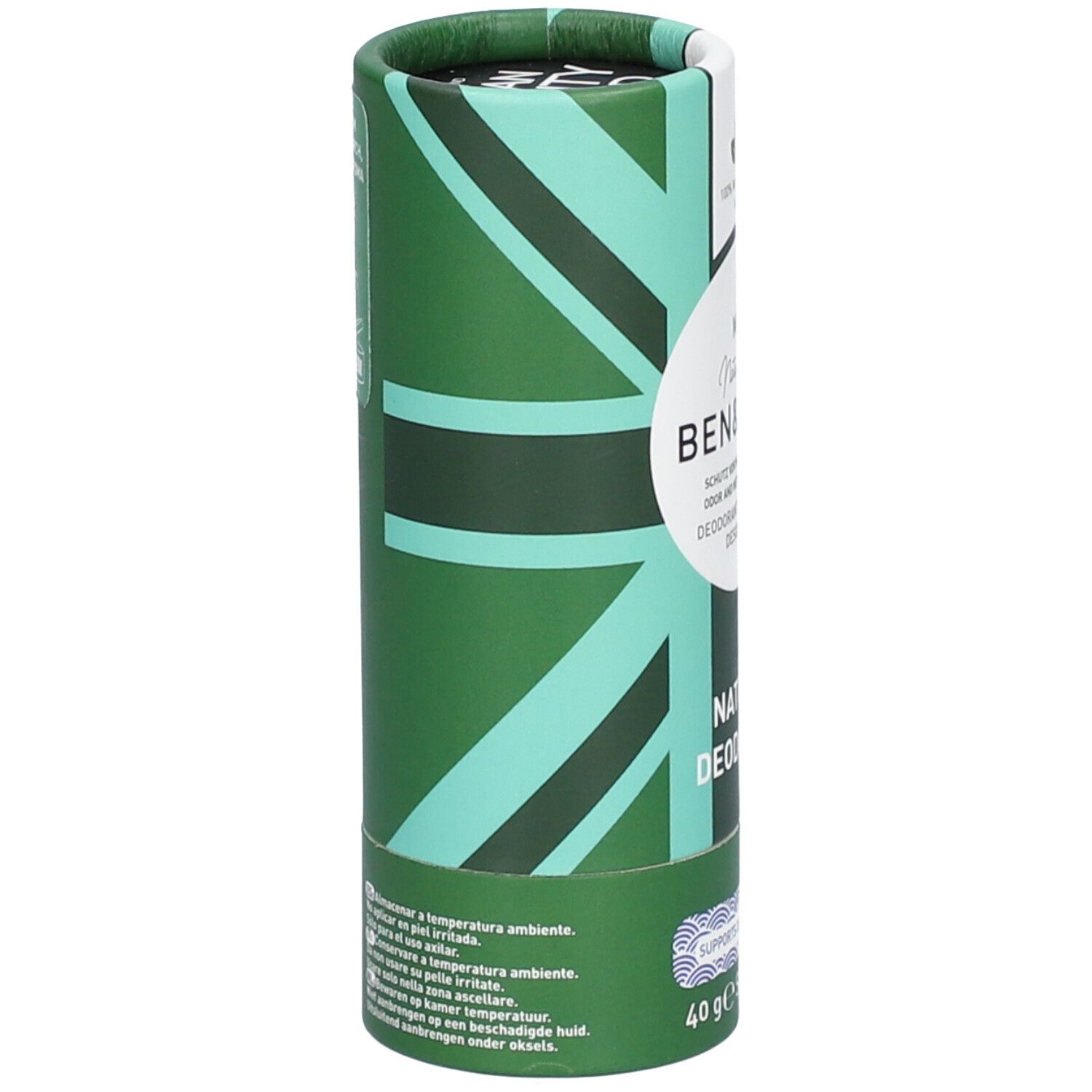 Emballage cylindrique vert et blanc. Motif Union Jack. Inscription : Ben & Anna, Natural Deodorant, Mint. 40g.