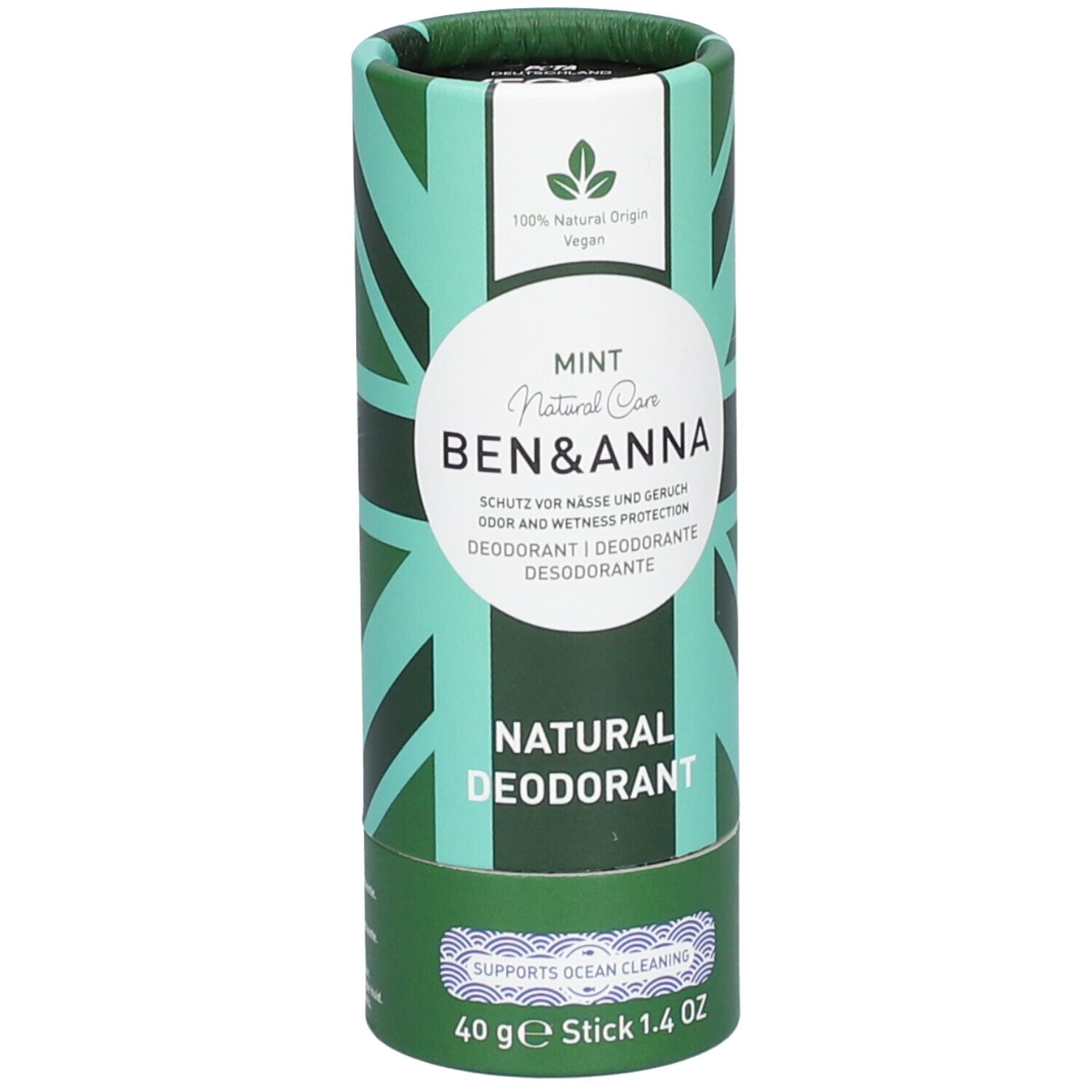 Emballage cylindrique vert et blanc. Inscription : Ben & Anna, Natural Deodorant, Mint. Vegan, 100% Natural Origin. Stick 40g.