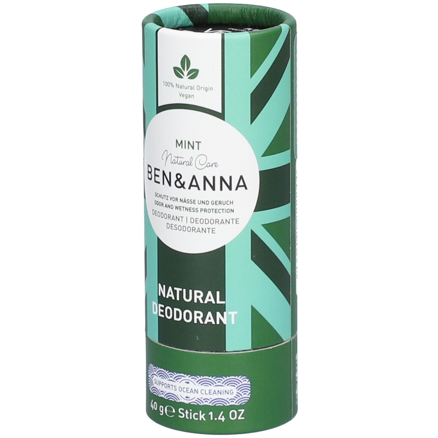 Emballage cylindrique vert et blanc. Inscription : Ben & Anna, Natural Deodorant, Mint. Vegan, 100% Natural Origin. Stick 40g.