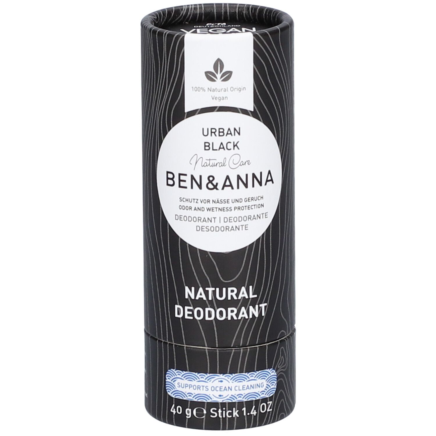 Emballage cylindrique Ben & Anna Deo Papertube Urban Black. Fond noir, logo et texte blancs. Label Vegan.