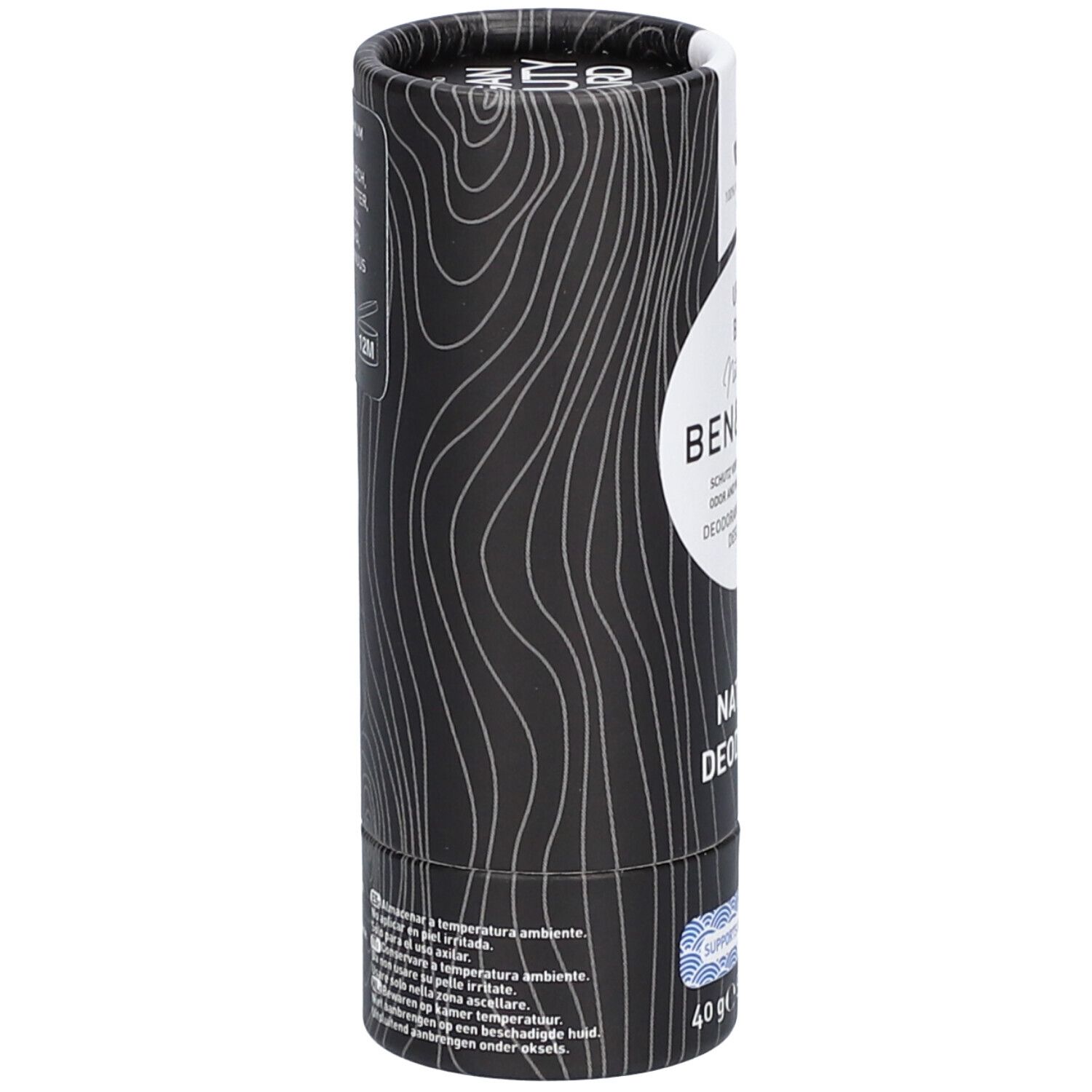Emballage cylindrique Ben & Anna Deo Papertube Urban Black. Fond noir, logo et texte blancs. Vue latérale.