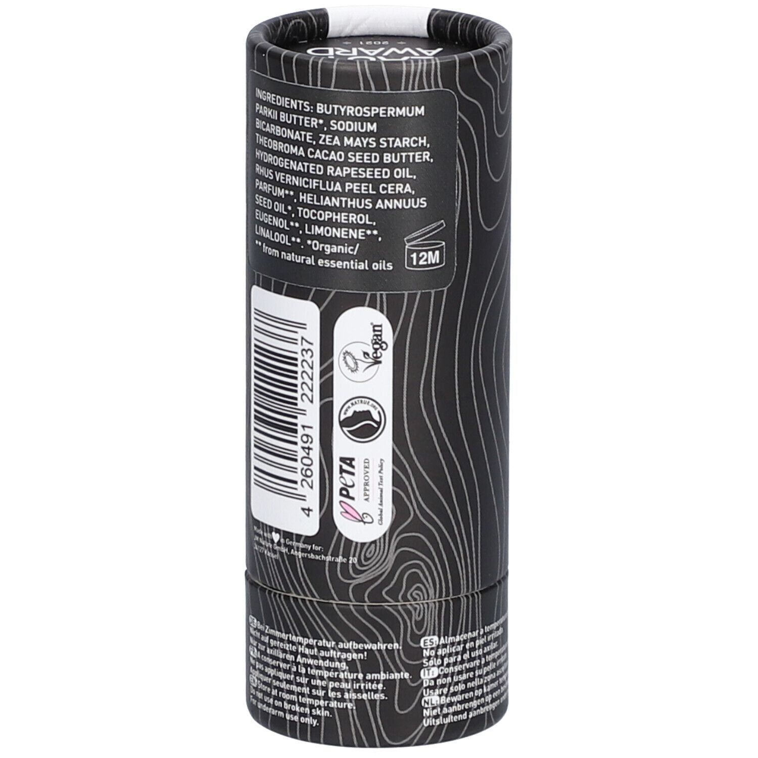 Dos de l'emballage cylindrique Ben & Anna Deo Papertube. Liste des ingrédients, label Vegan, logo PETA, code-barres et symbole 12M.