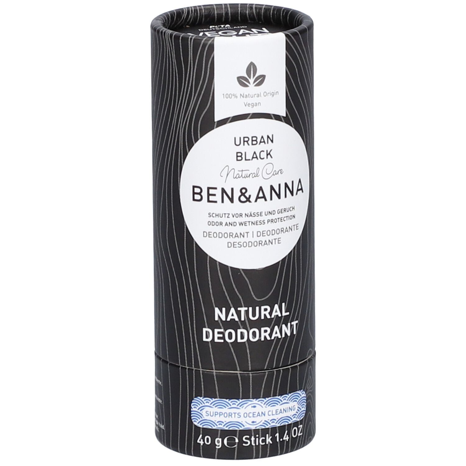 Emballage cylindrique Ben & Anna Deo Papertube Urban Black. Fond noir, logo et texte blancs. Label Vegan.