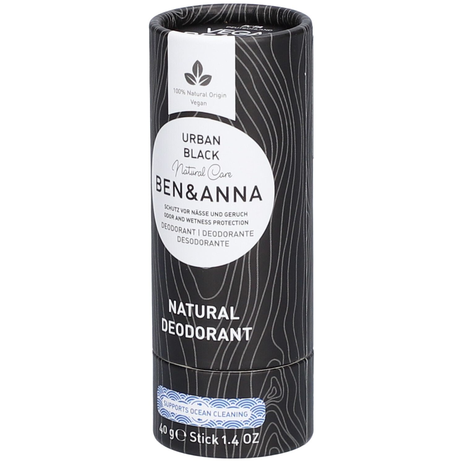 Emballage cylindrique Ben & Anna Deo Papertube Urban Black. Fond noir, logo et texte blancs. Label Vegan.