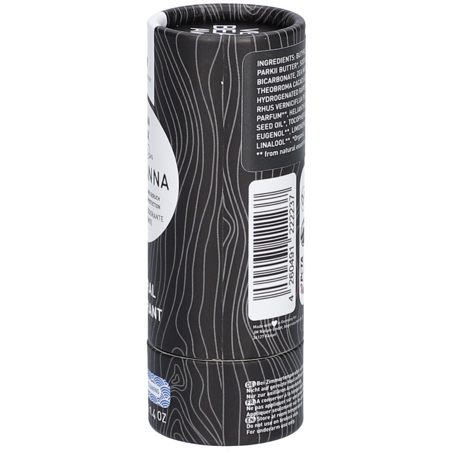 Dos de l'emballage cylindrique Ben & Anna Deo Papertube. Liste des ingrédients, label Vegan, logo PETA, code-barres et symbole 12M.
