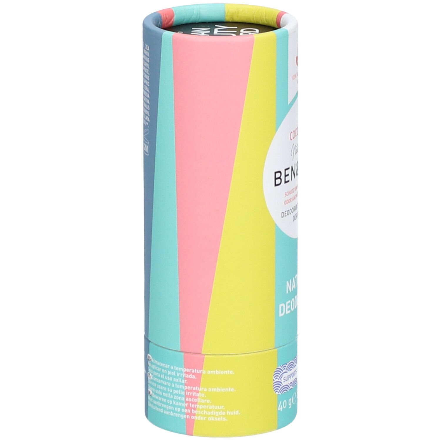 Tube en carton cylindrique coloré. Inscription: Coco Mania, Ben & Anna, Natural Deodorant. Label vegan.