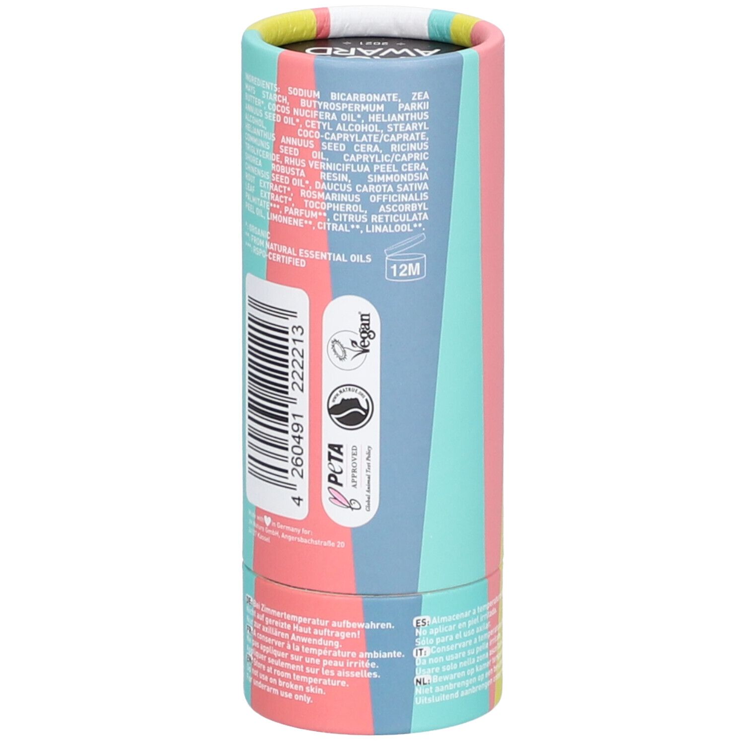 Tube en carton cylindrique avec ingrédients et code-barres. Label vegan et logo PETA. Symbole 12M.