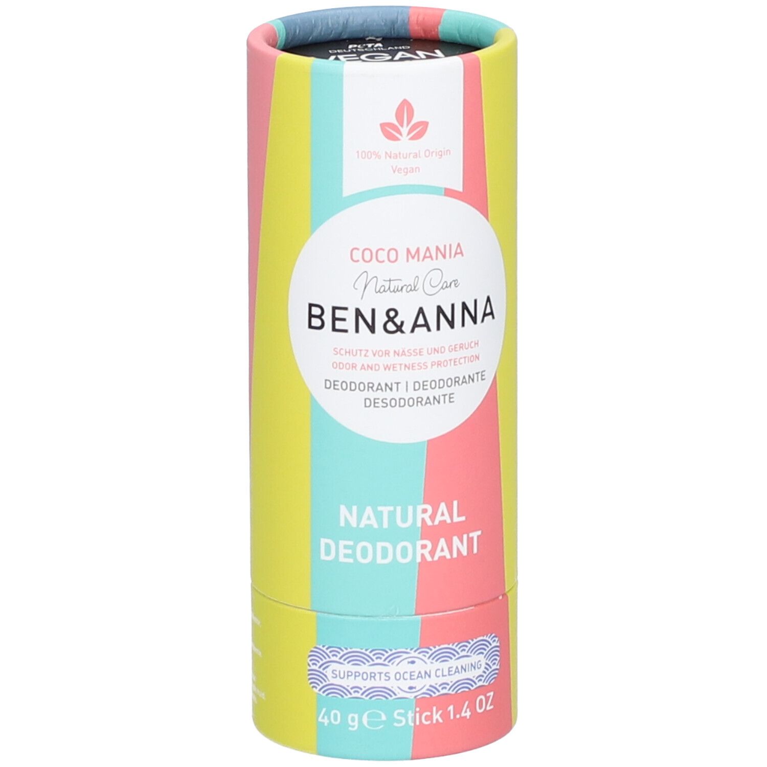 Tube en carton cylindrique colorée. Inscription: Coco Mania, Ben & Anna, Natural Deodorant. Label vegan.