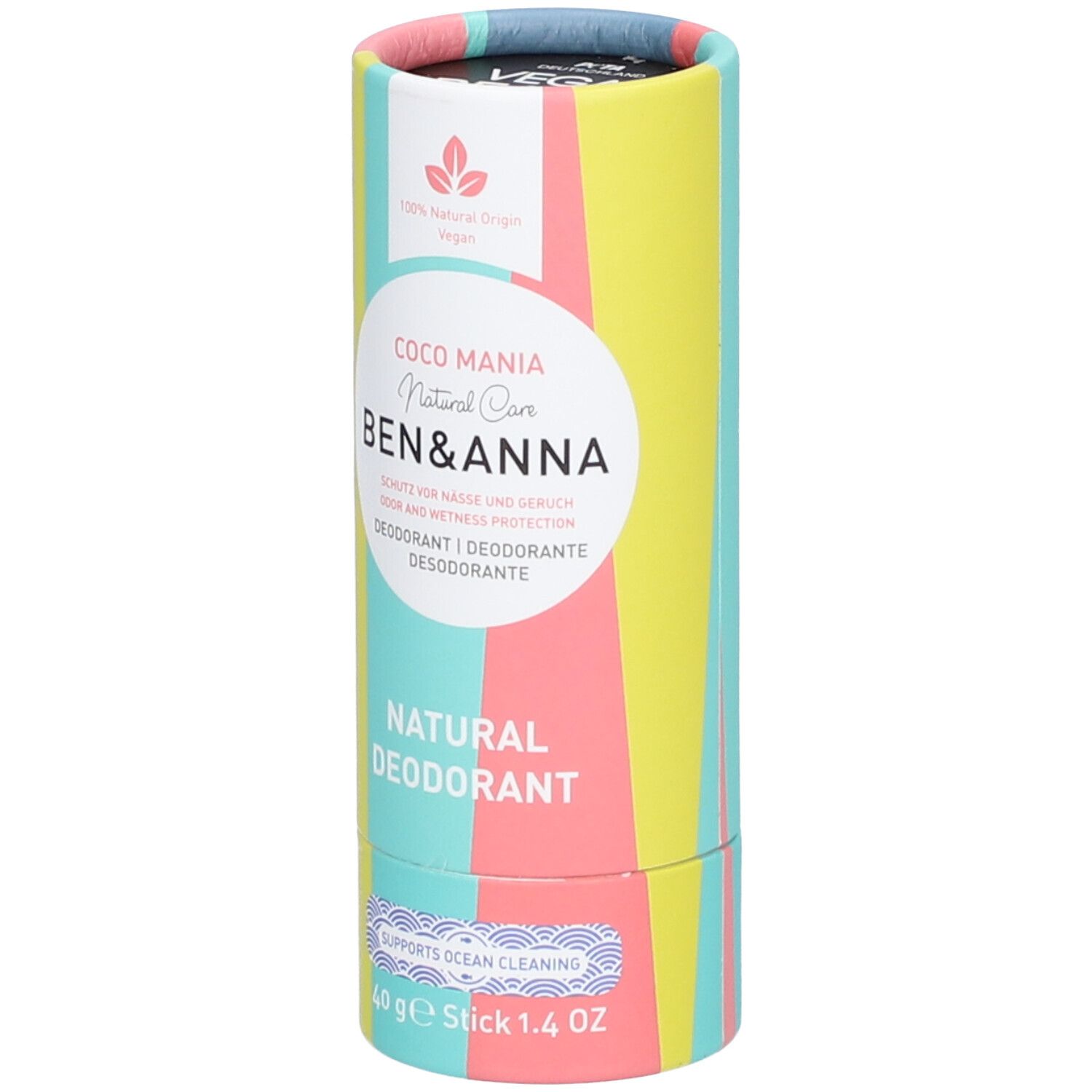 Tube en carton cylindrique colorée. Inscription: Coco Mania, Ben & Anna, Natural Deodorant. Label vegan.
