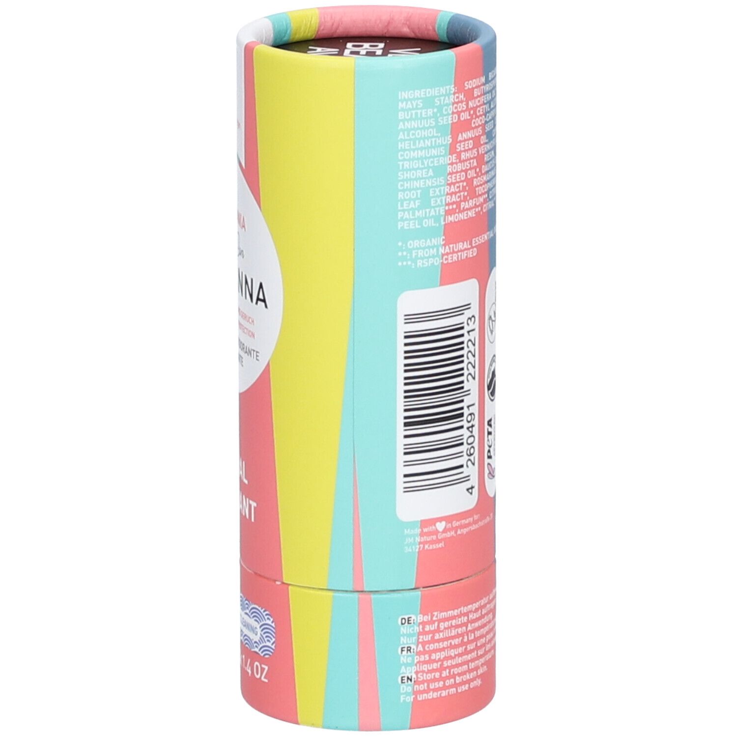 Tube en carton cylindrique colorée. Inscription: Coco Mania, Ben & Anna, Natural Deodorant. Label vegan.