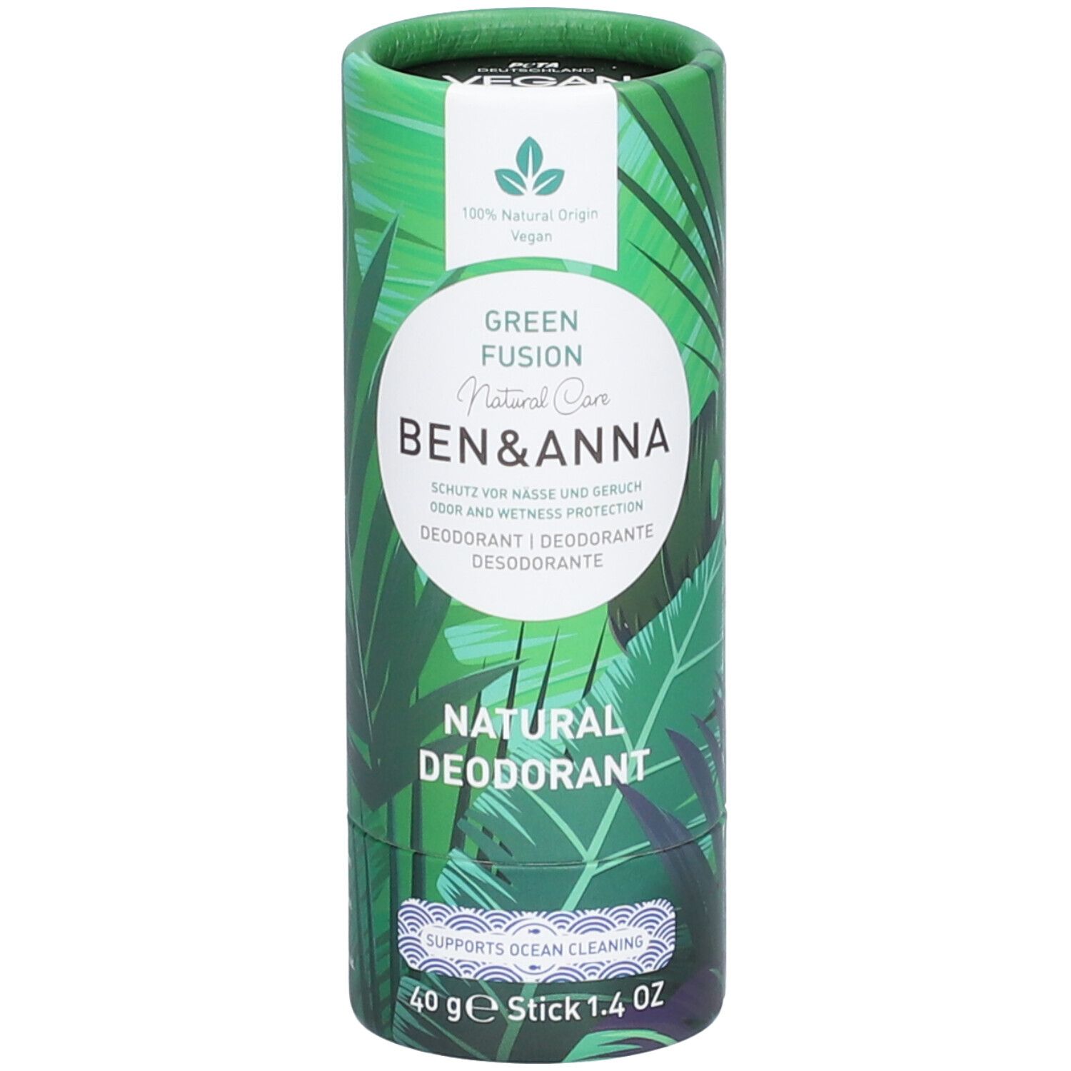 Emballage cylindrique vert à motifs de feuilles. Texte : Green Fusion, Ben & Anna, Natural Deodorant. Stick 40g.
