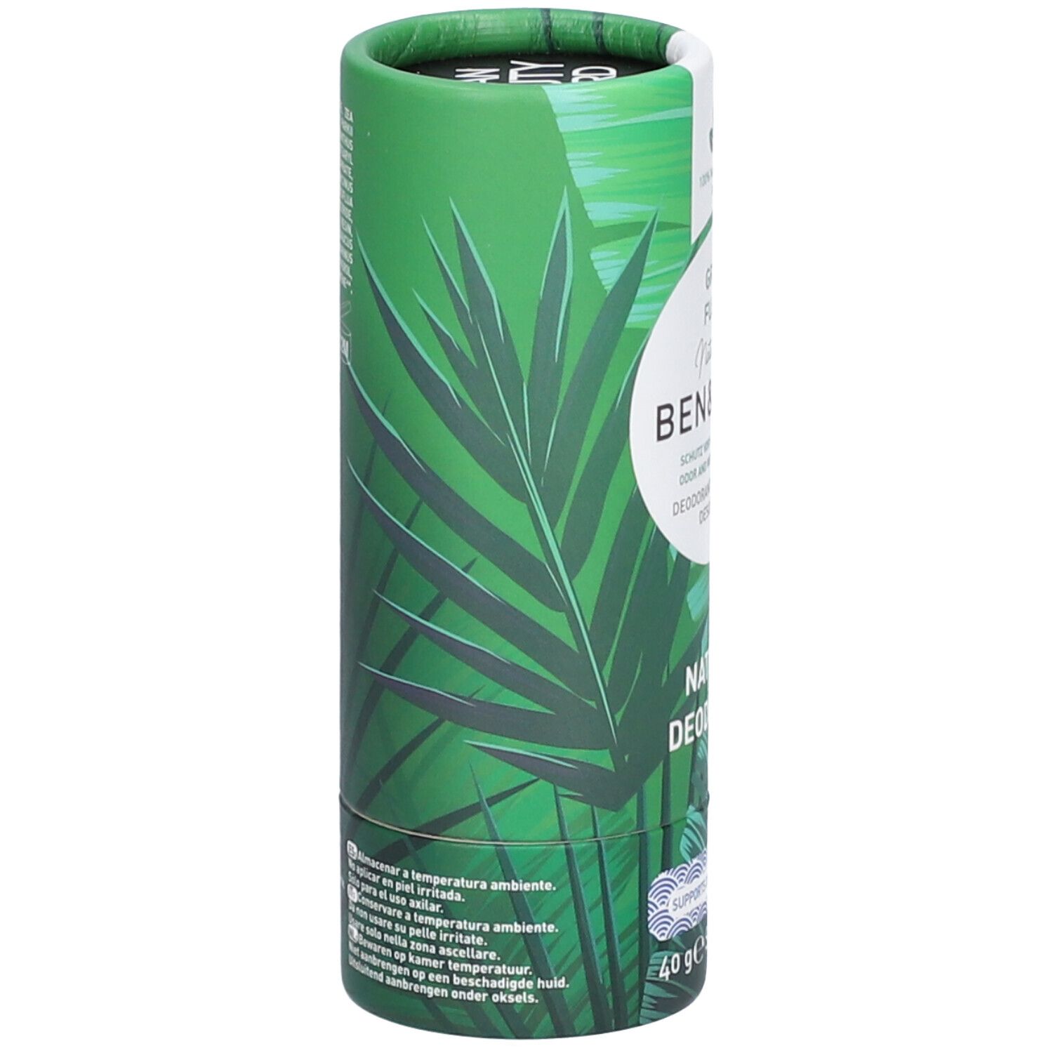 Emballage cylindrique vert avec motif de feuilles. Texte : Ben & Anna, Natural Deodorant. Stick 40g. Vegan.