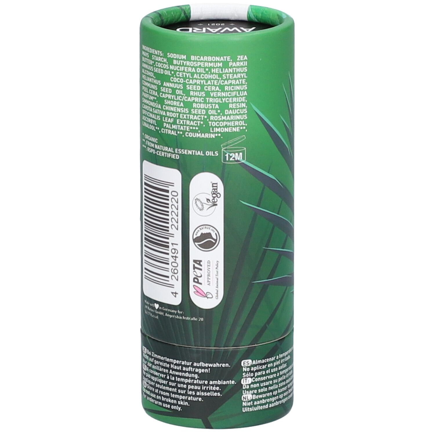 Emballage cylindrique avec liste d'ingrédients et logo PETA. Texte : Vegan, 12M. Motif de feuilles vertes.