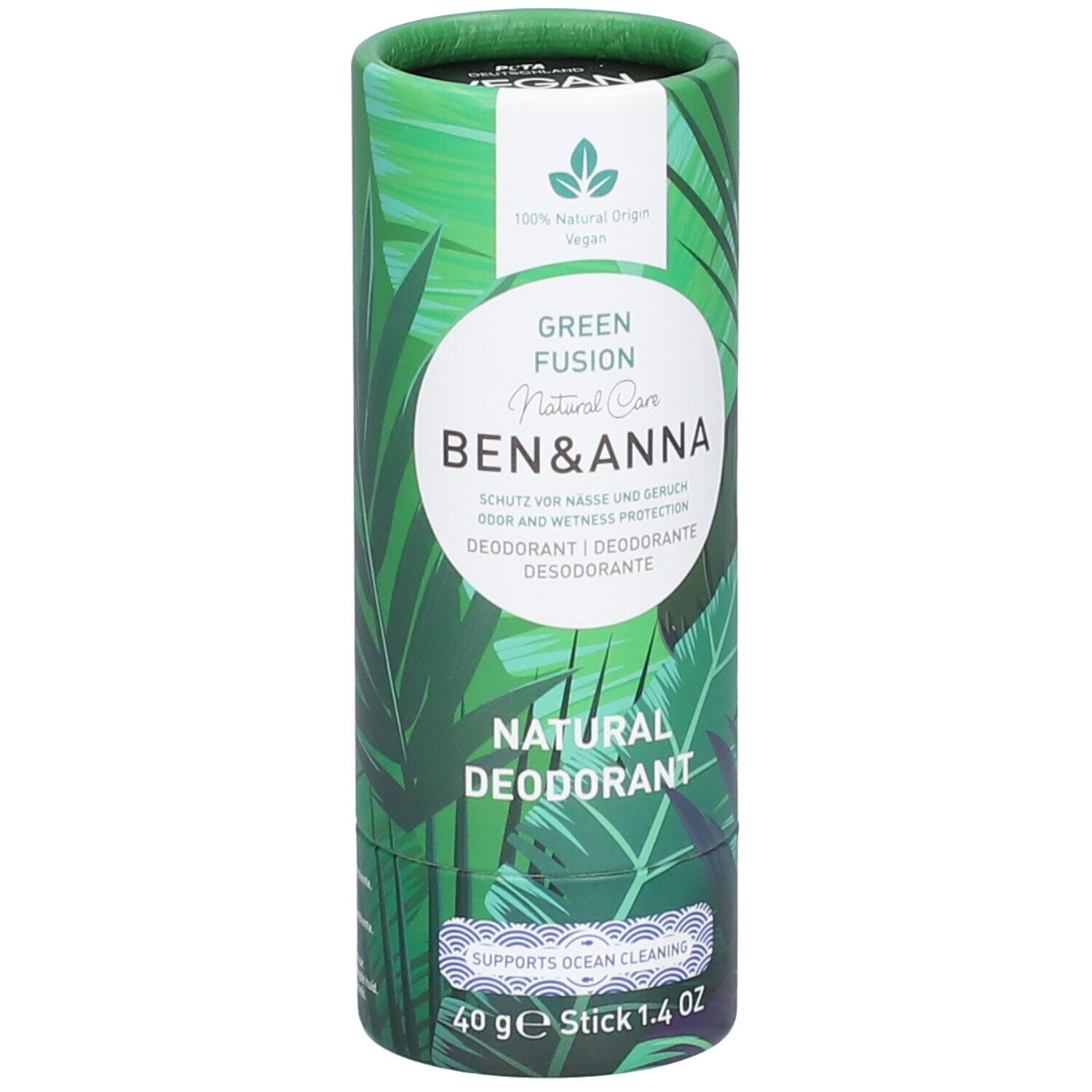 Emballage cylindrique vert à motifs de feuilles. Texte : Green Fusion, Ben & Anna, Natural Deodorant. Stick 40g.