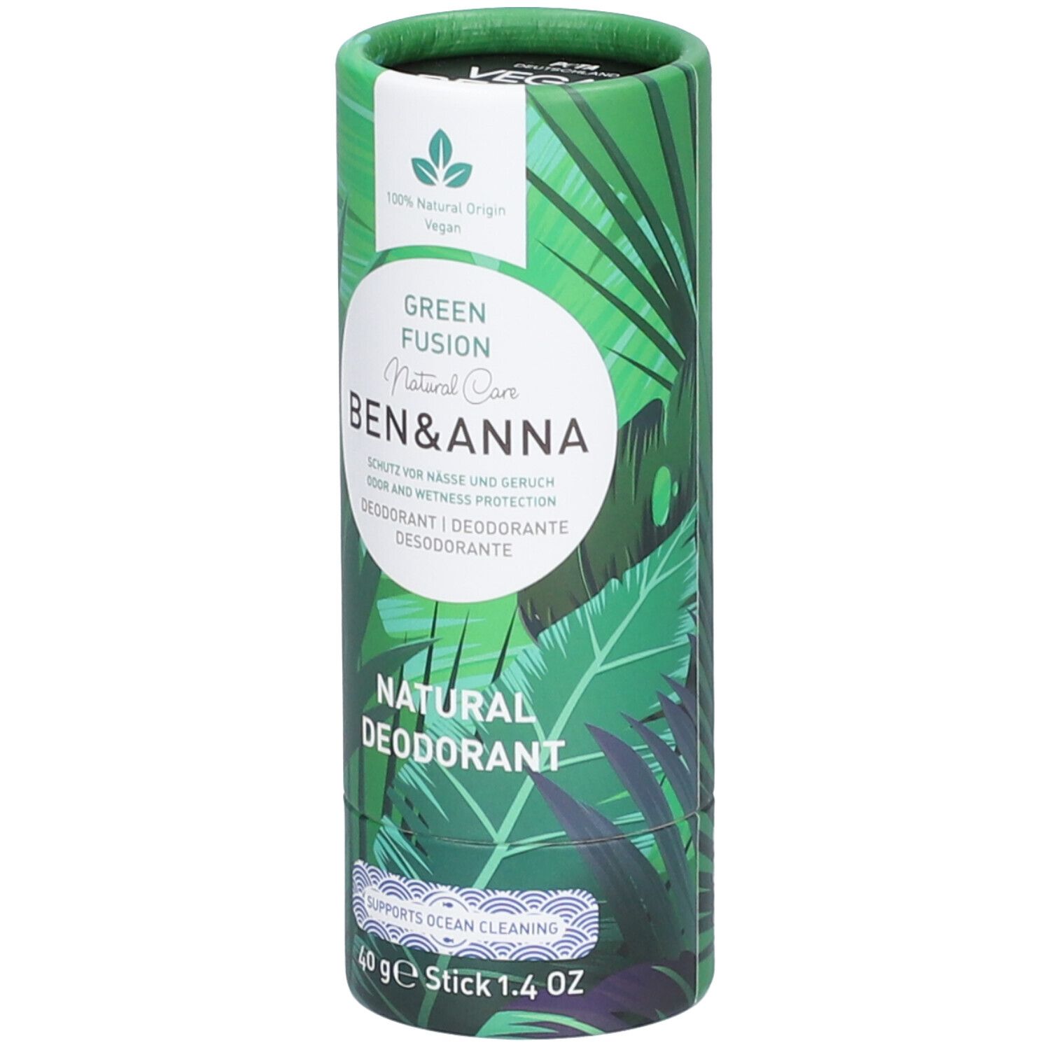 Emballage cylindrique vert à motifs de feuilles. Texte : Green Fusion, Ben & Anna, Natural Deodorant. Stick 40g.