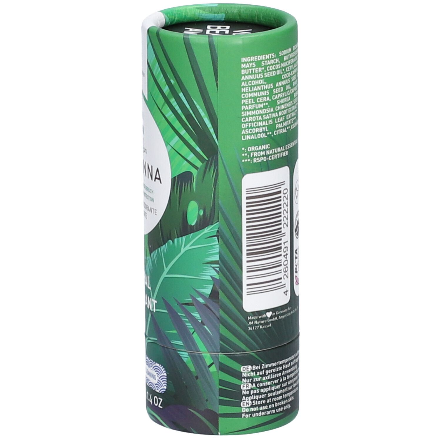 Emballage cylindrique avec liste d'ingrédients et texte. Texte : Ben & Anna, Natural Deodorant. Stick 40g. Vegan.