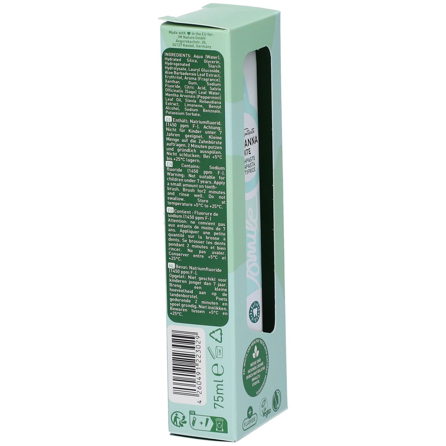 Dos de la boîte de dentifrice. Ingrédients, instructions d'utilisation et certifications. Inscription : 75ml, Vegan, Fluorure.