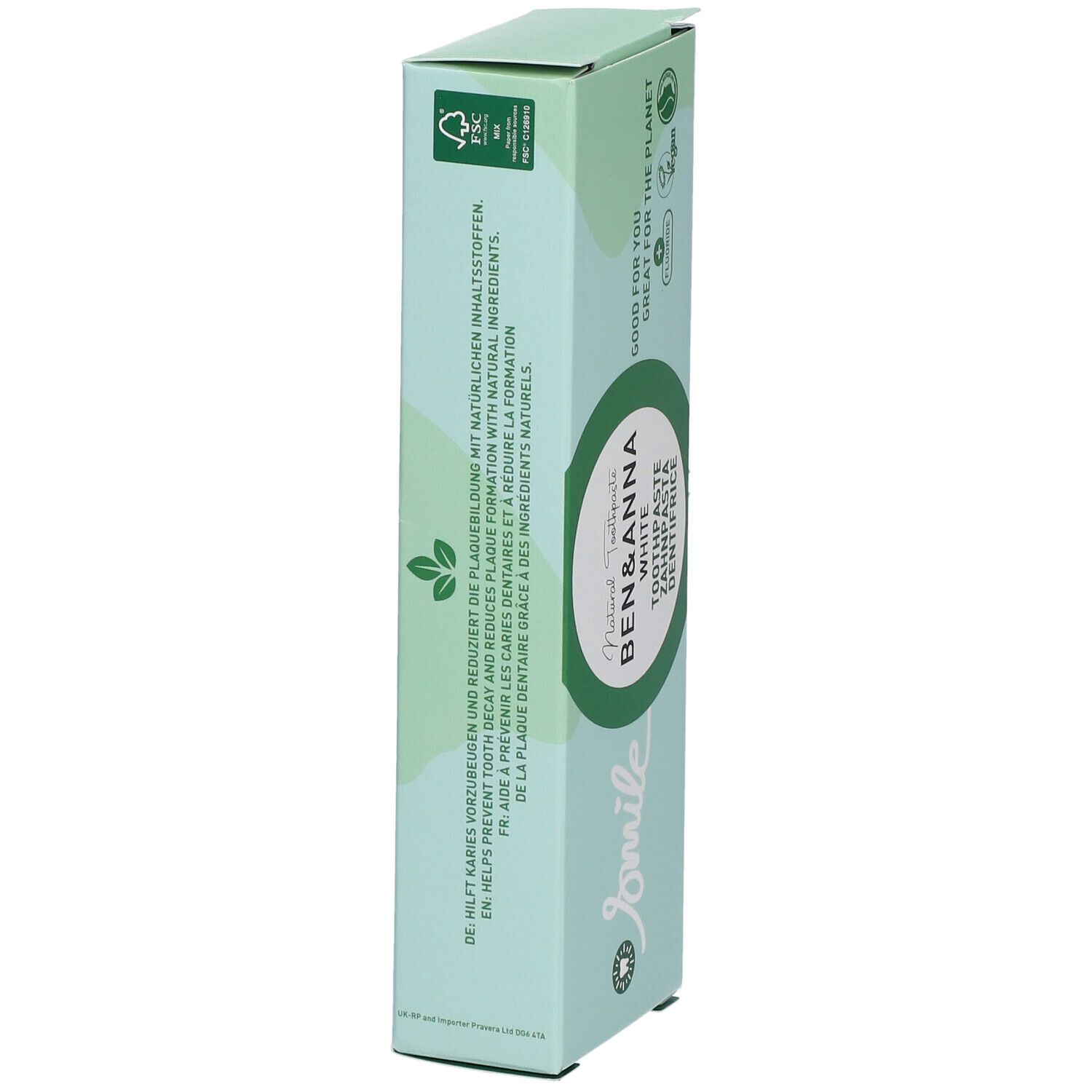 Boîte de dentifrice. Marque : Ben & Anna. Boîte vert clair avec texte. Inscription : Smile, Vegan, Fluorure.